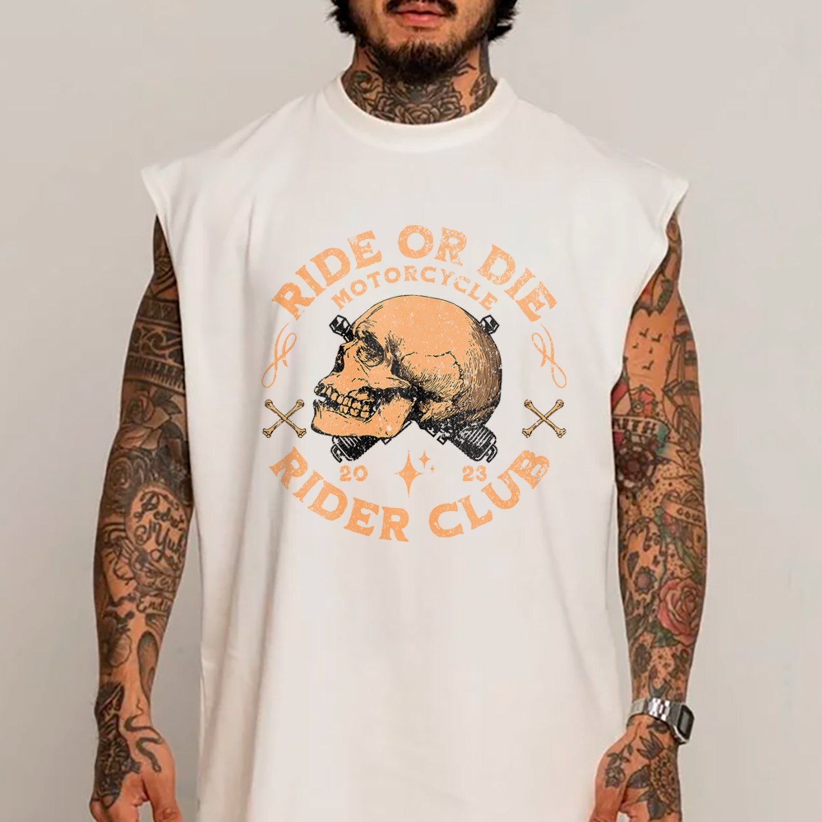 Camiseta Regata Machão Ride Or Die Caveira Biker Streetwear Branco
