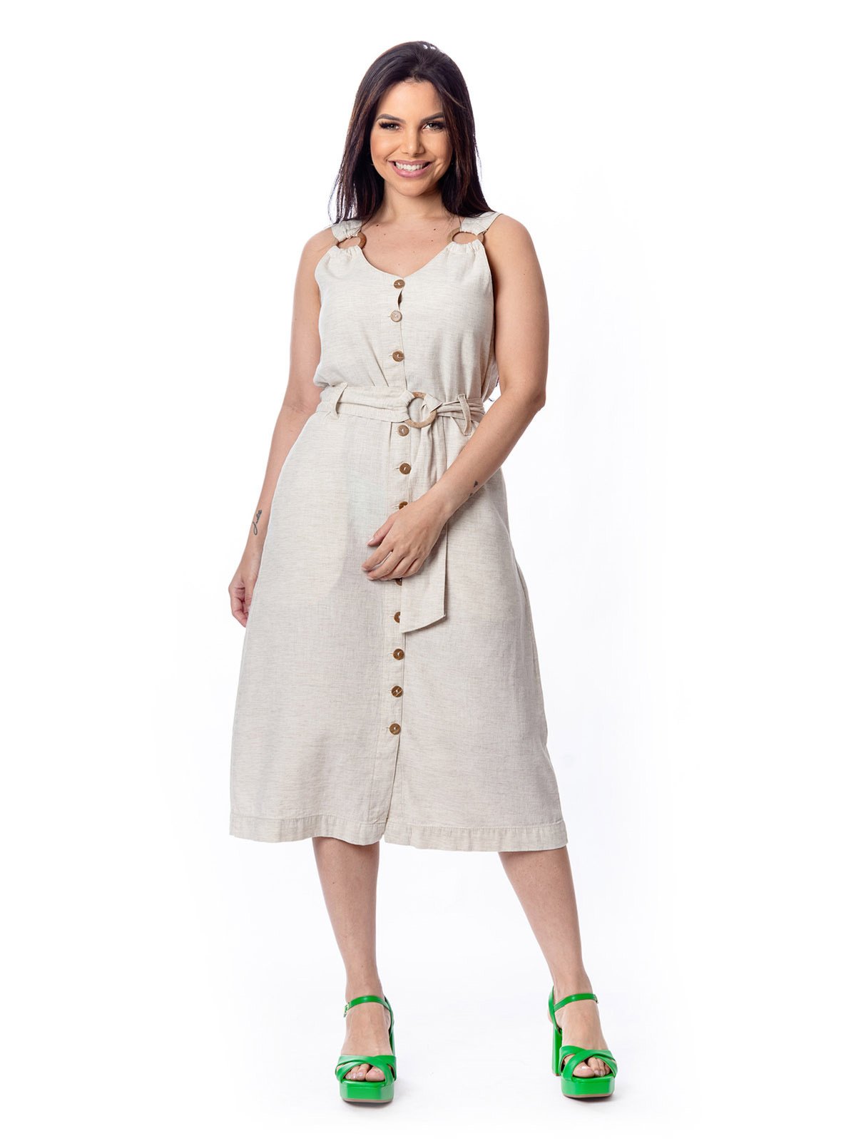 Vestido Midi Restrito Jeans De Linho Com Cintinho – BEGE