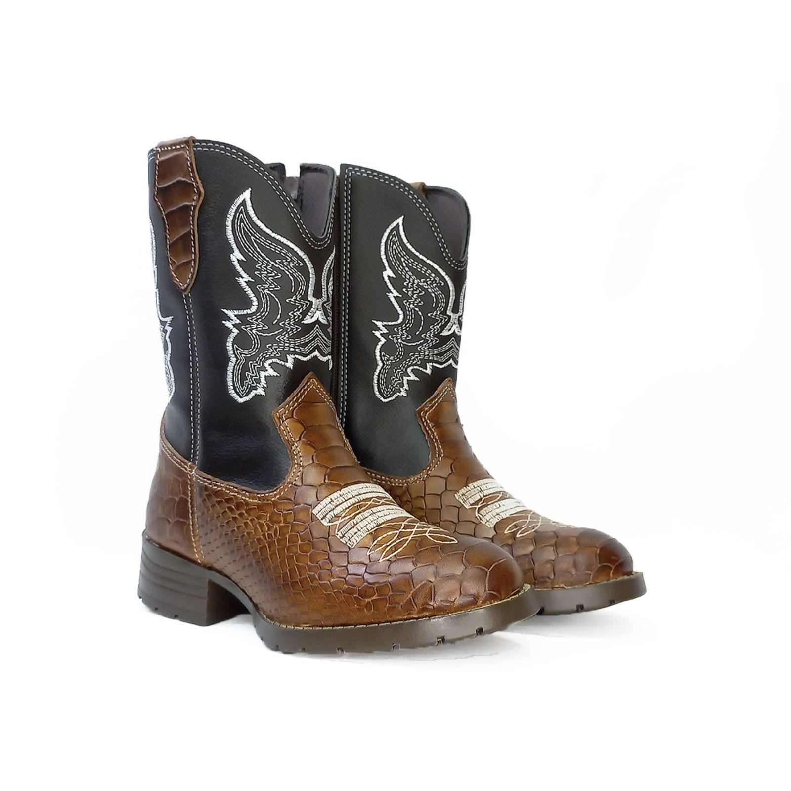 Bota Country em Couro Cor Marrom estampa de Cobra Longo Bordado Kapell