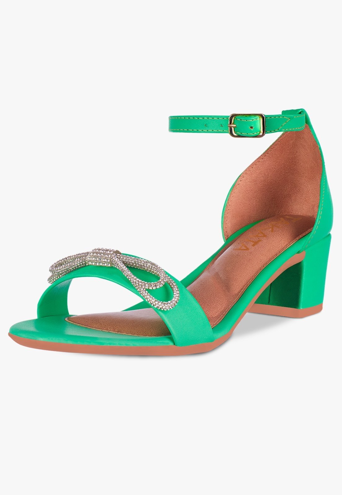 Sandália Feminina Salto Bloco Grosso Quadrado Baixo Sapato Laço Cristal Moderna Festa Verde
