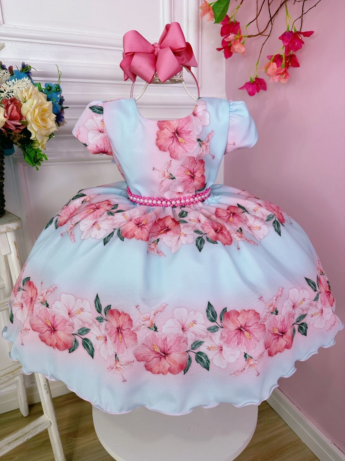 Infantil - Vestido Festa Azul Rosa Floral Estampado Passeio Formatura Casamento Pérolas Social Menina Princesa Rodado Aniversário Luxo