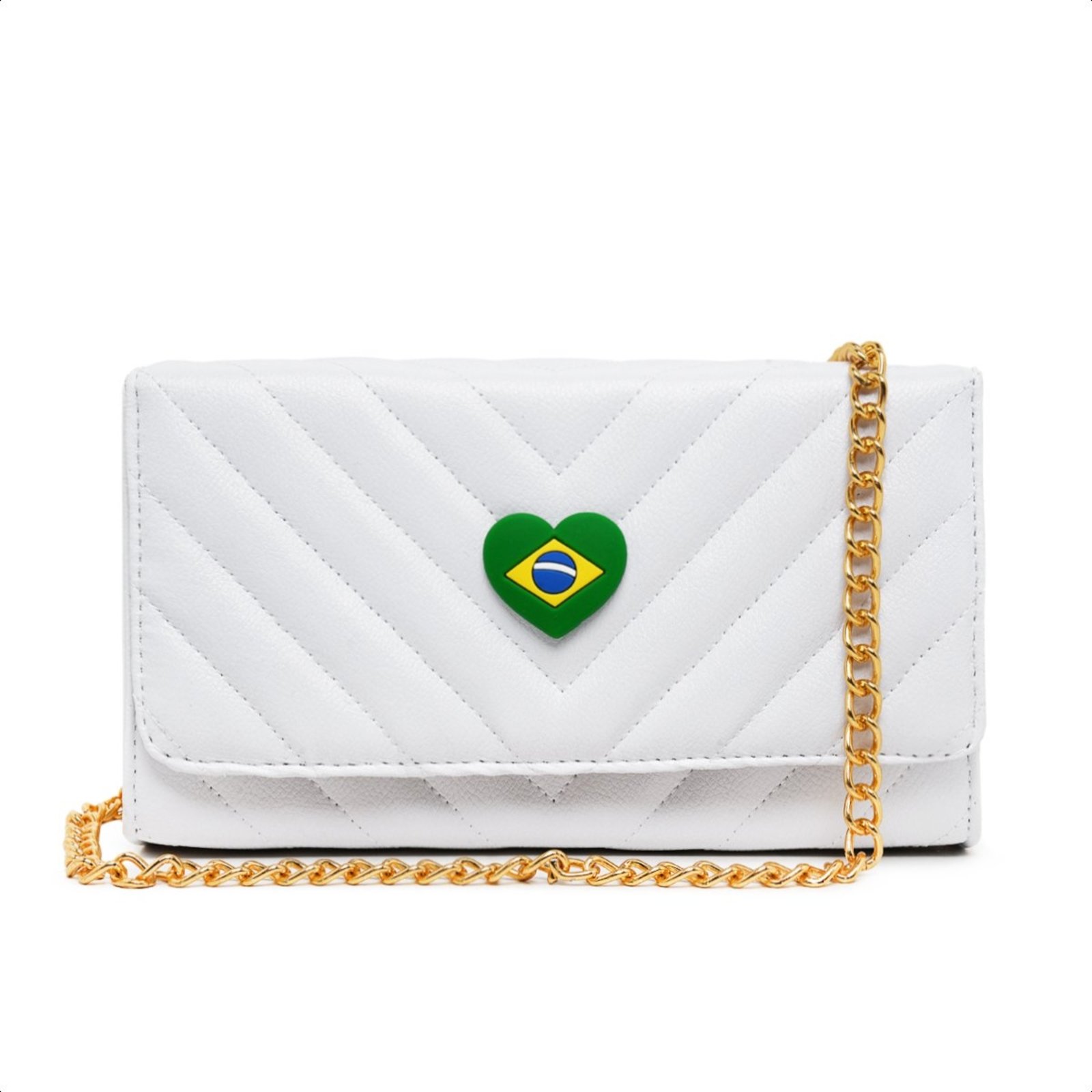 Bolsa Feminina Copa Brasil Clutch Pequena De Mão Alça Corrente Dourado Brilho Carmelo Shoes