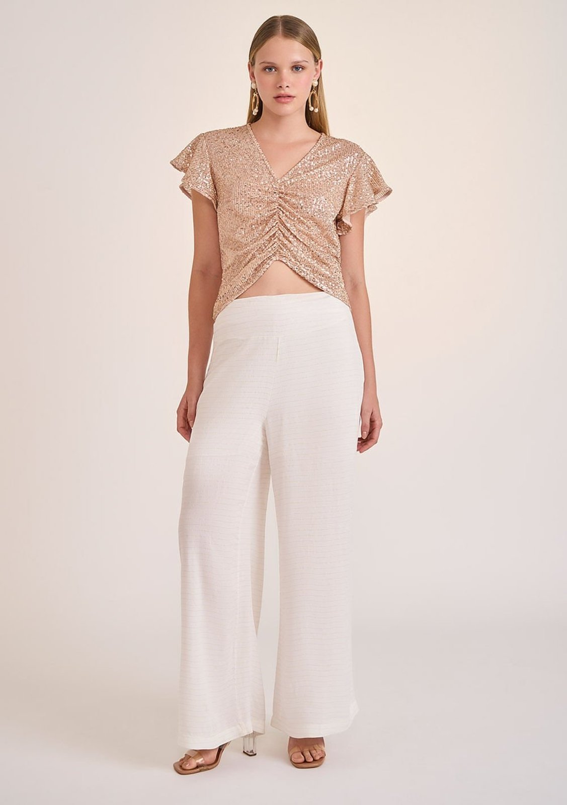 Calça Zinco Pantalona Cós Alto Detalhe Barra Off White