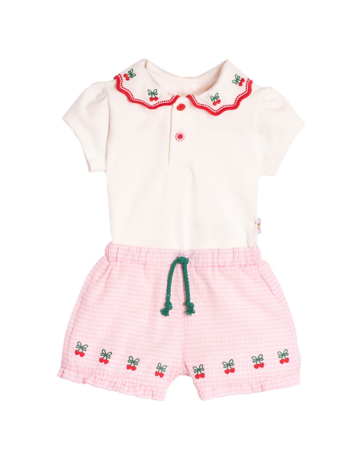 Infantil - Conj. body manga curta gola bordada + shorts xadrez cereja
