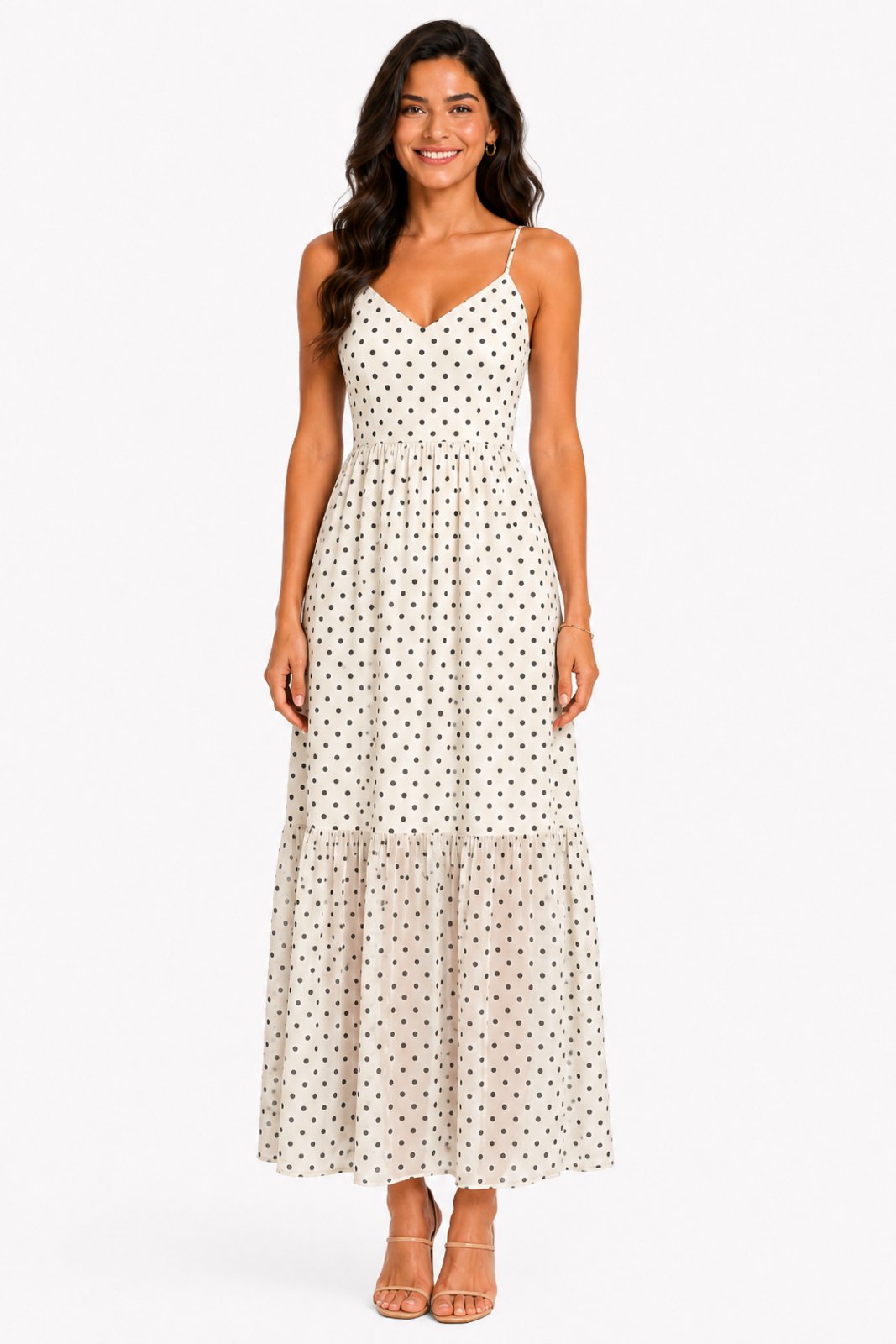 Vestido Longo D Bell Outlet Fashion De Tule Decote V Offwhite Com Bolinhas