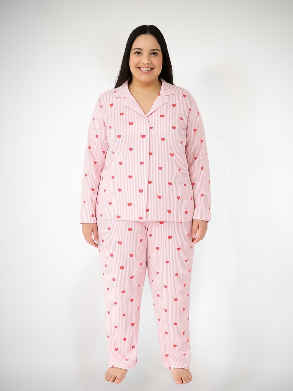 Pijama Algodão Plus Size Americano Longo Amanda – Listrado Corações Vermelho