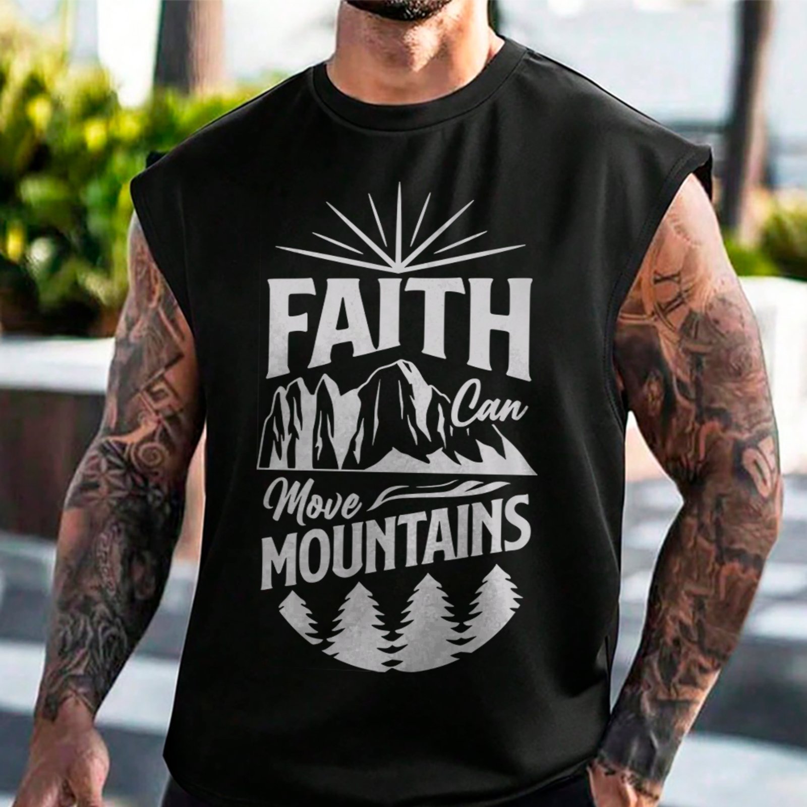 Camiseta Regata Machão Fé Que Move Montanhas Cristã Preto