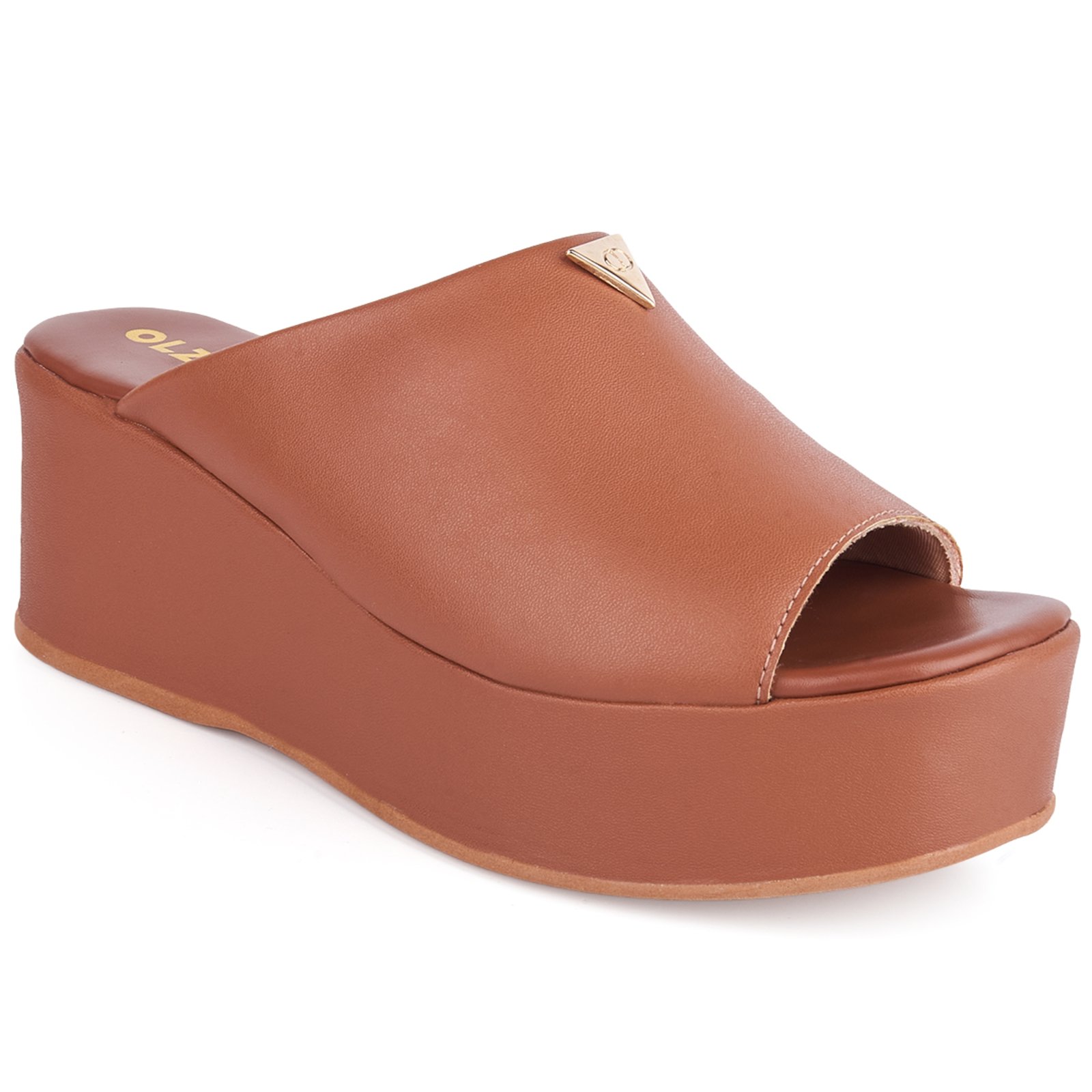 Tamanco Feminino Anabela Flatform Plataforma Detalhe Dourado Confortável Original Olzzy Caramelo
