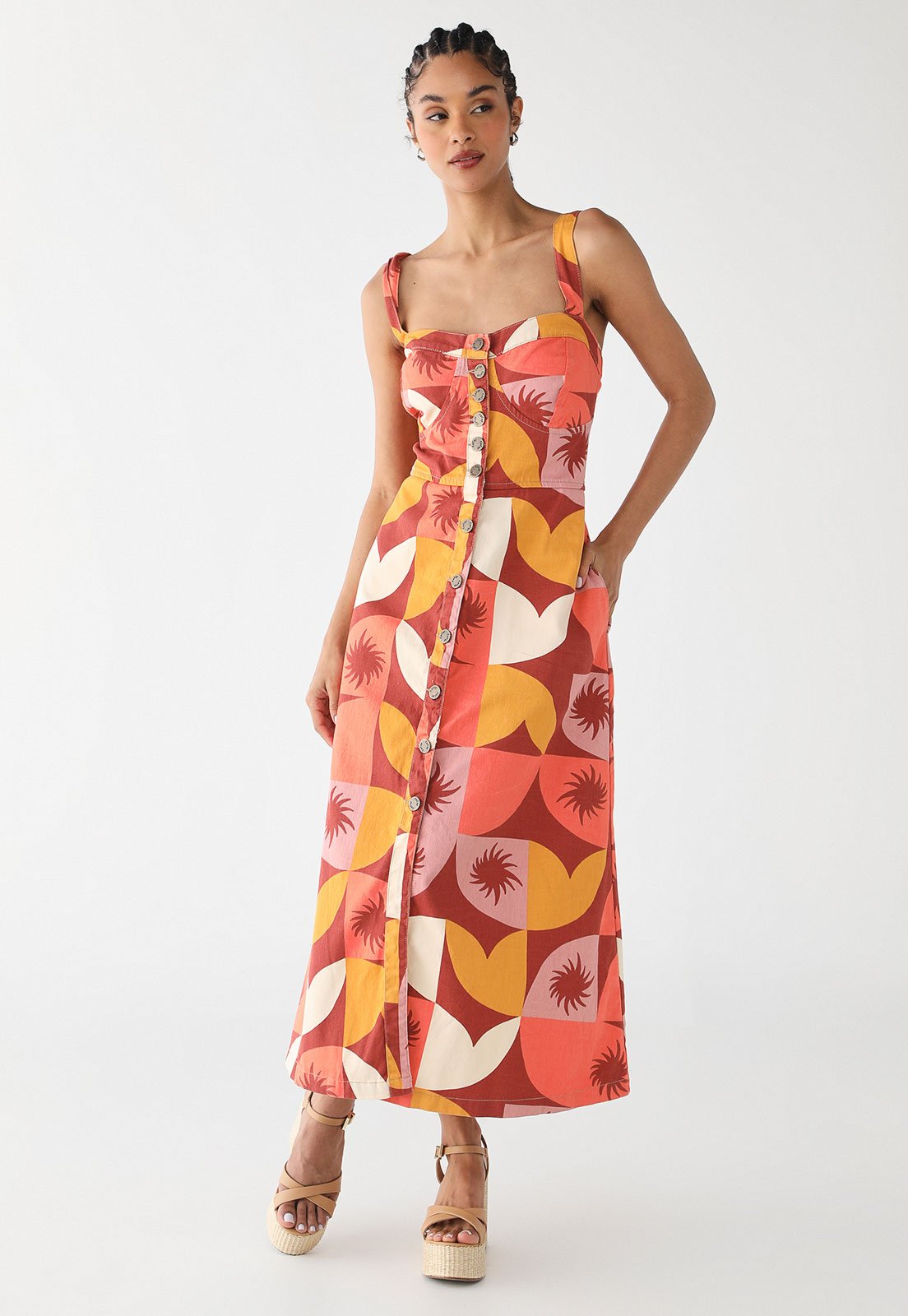 Vestido Midi Sarja Feminino CaCay Estampado Marrom