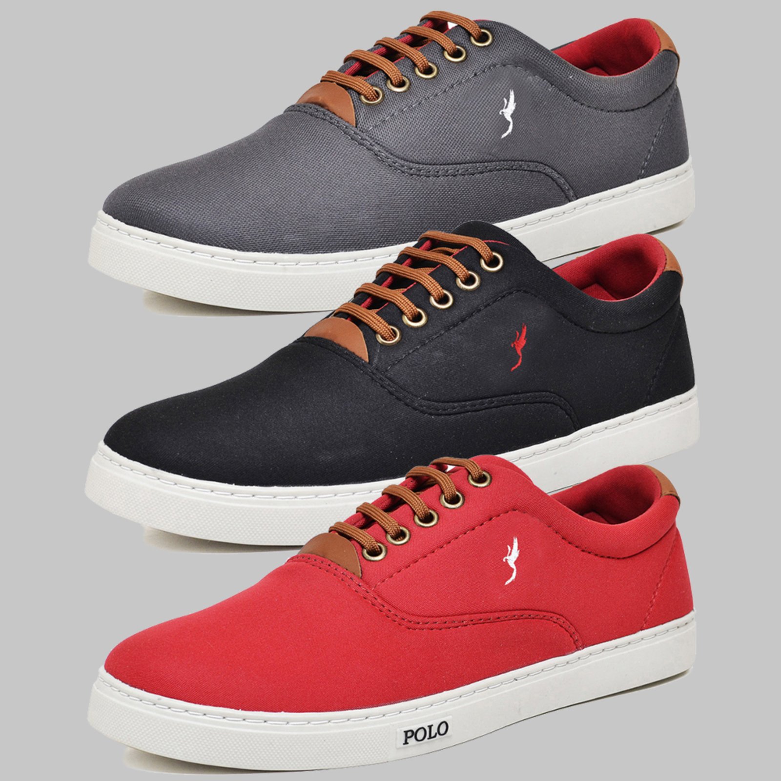 Kit 3 Pares Sapatênis Casual Masculino Polo Blu Cinza/Preto/Vermelho