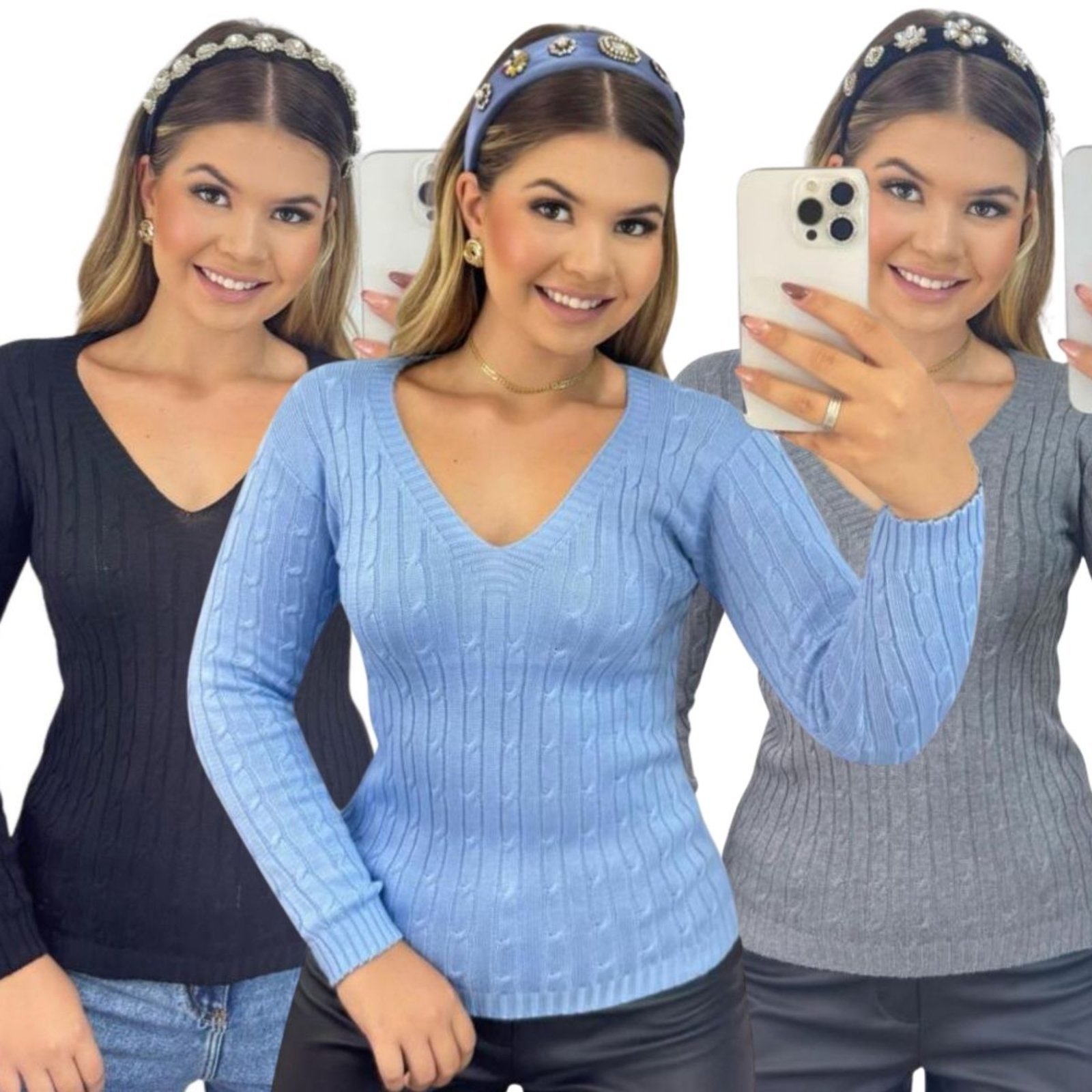 Kit 3 Blusas FMF Femininas Suéter Malha Tricô Manga Longa