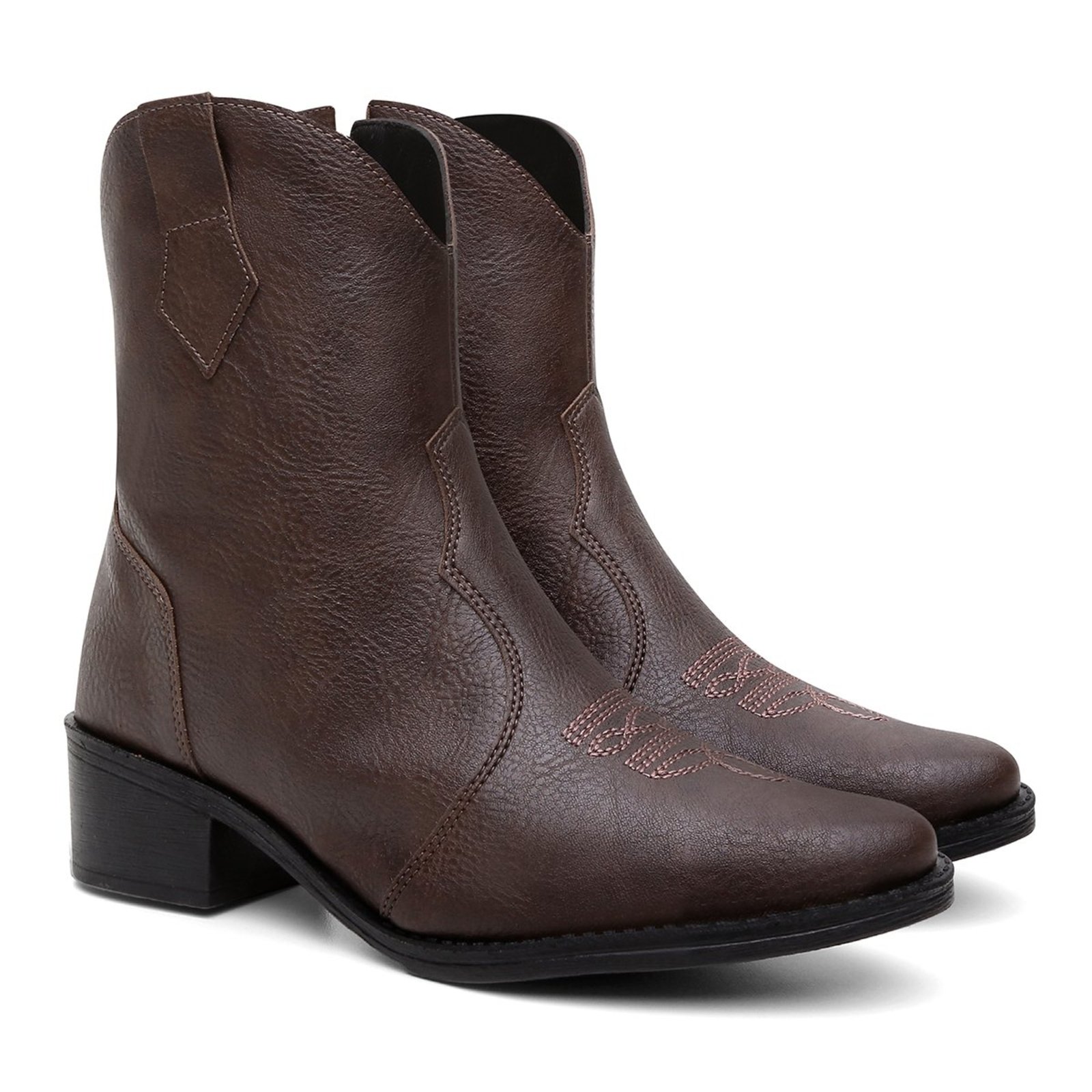 Bota Feminina Anna Andrade Western Cano Baixo Casual Bico Bordado Moda Country Café