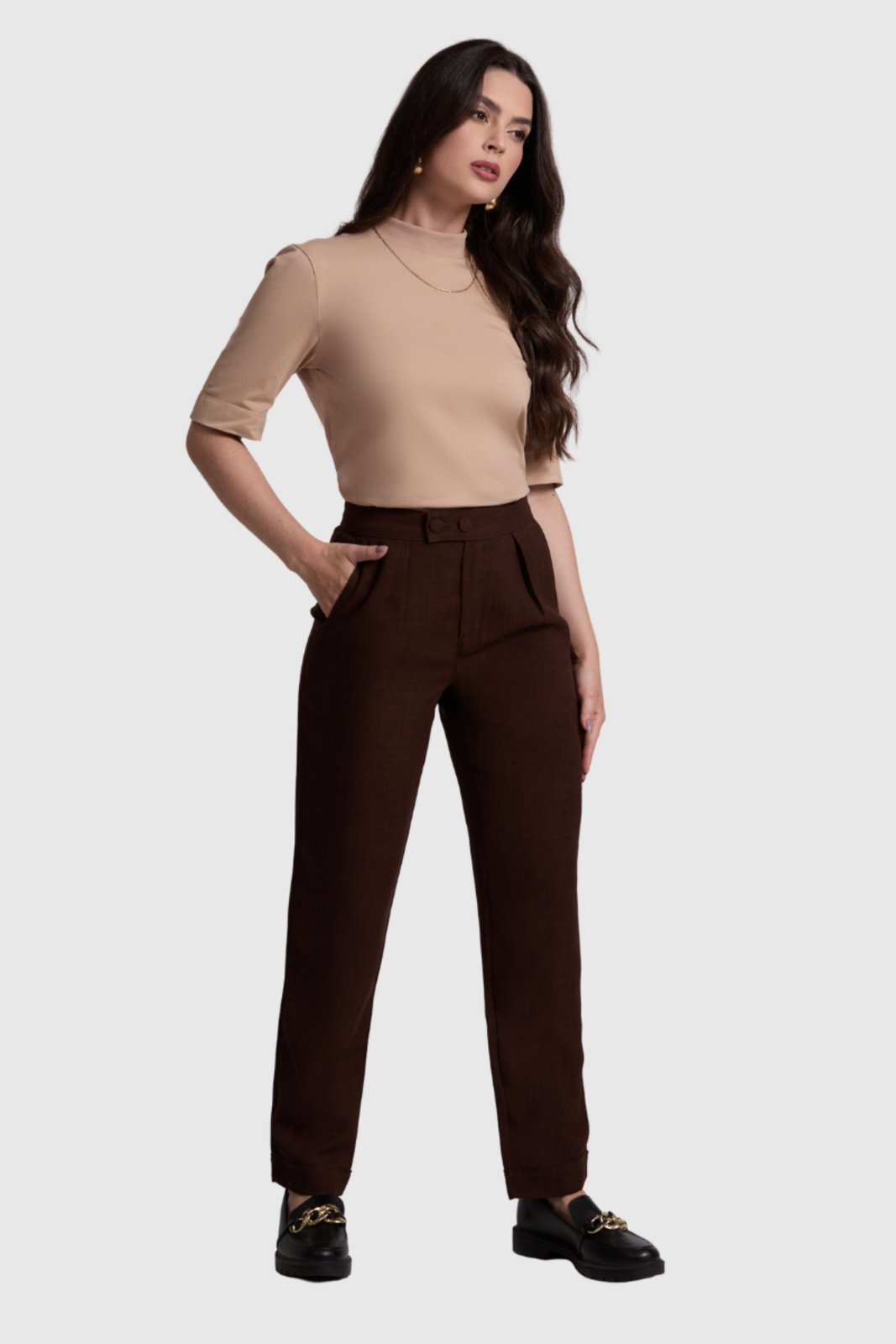 Calça Feminina Amora Café Social Reta Linho Marrom