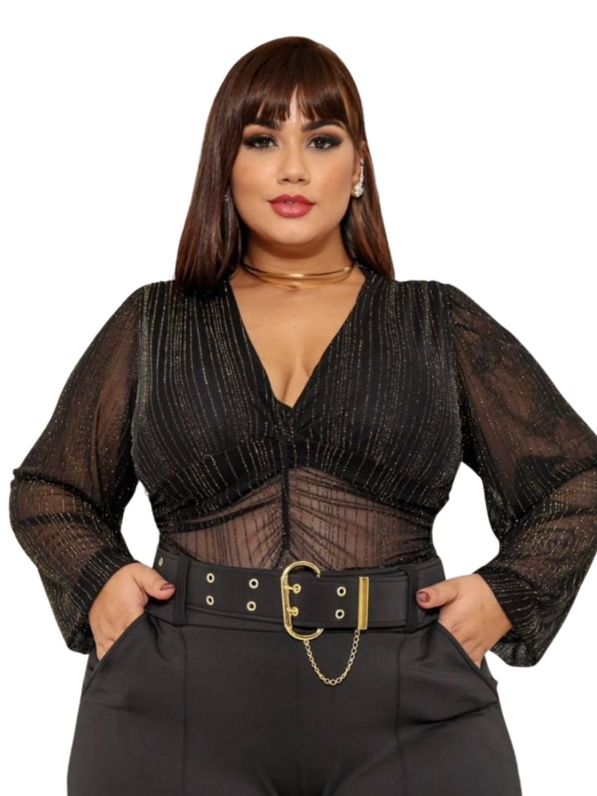 Body Summer Body Plus de Tule Manga Longa Com Listras Em Lurex Dourado Preto