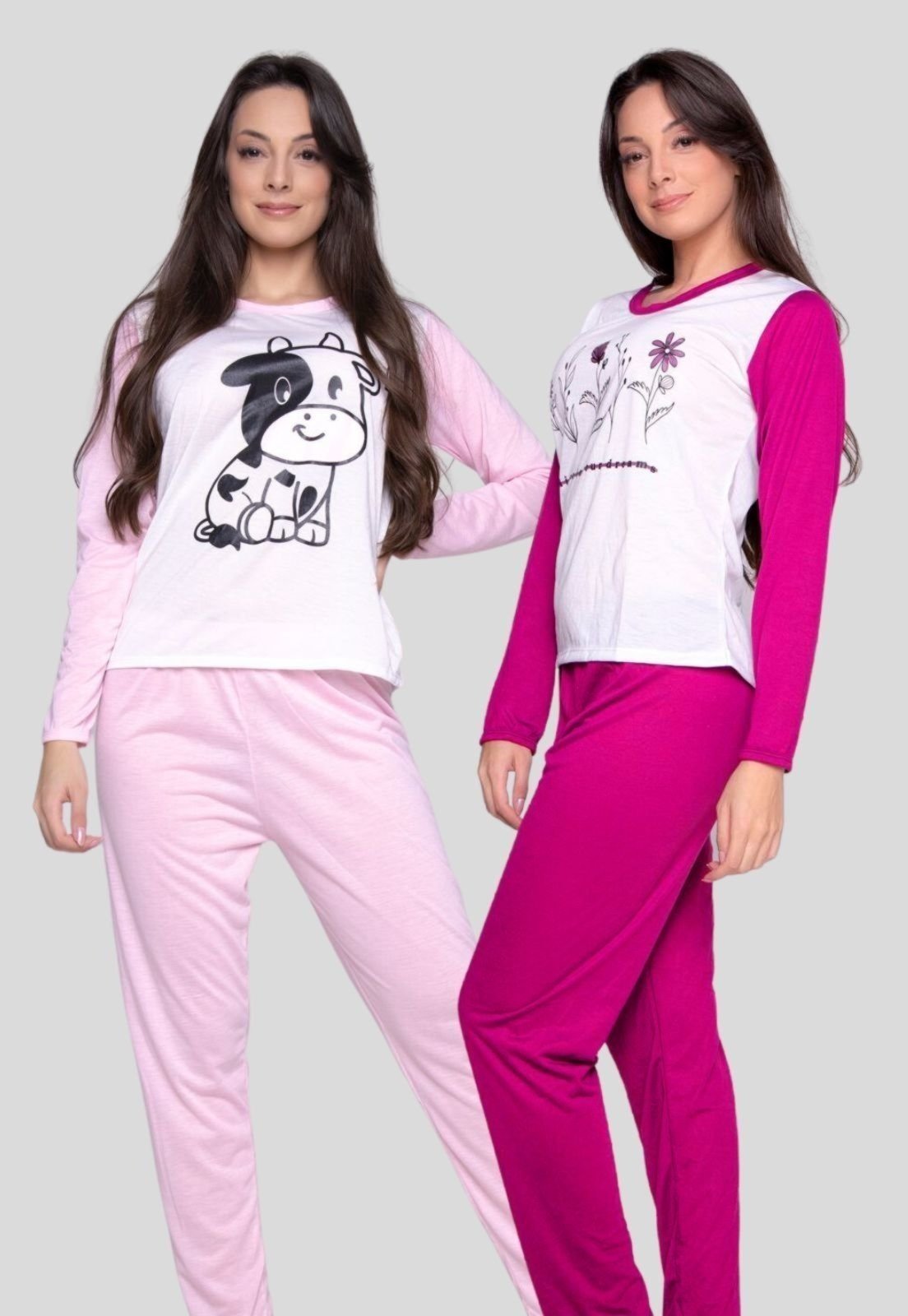 Kit Serra e Mar Modas 2 Pijamas Comfort Longo Malha Estampado Feminino Inverno Blusa e Calça Pink/Rosa