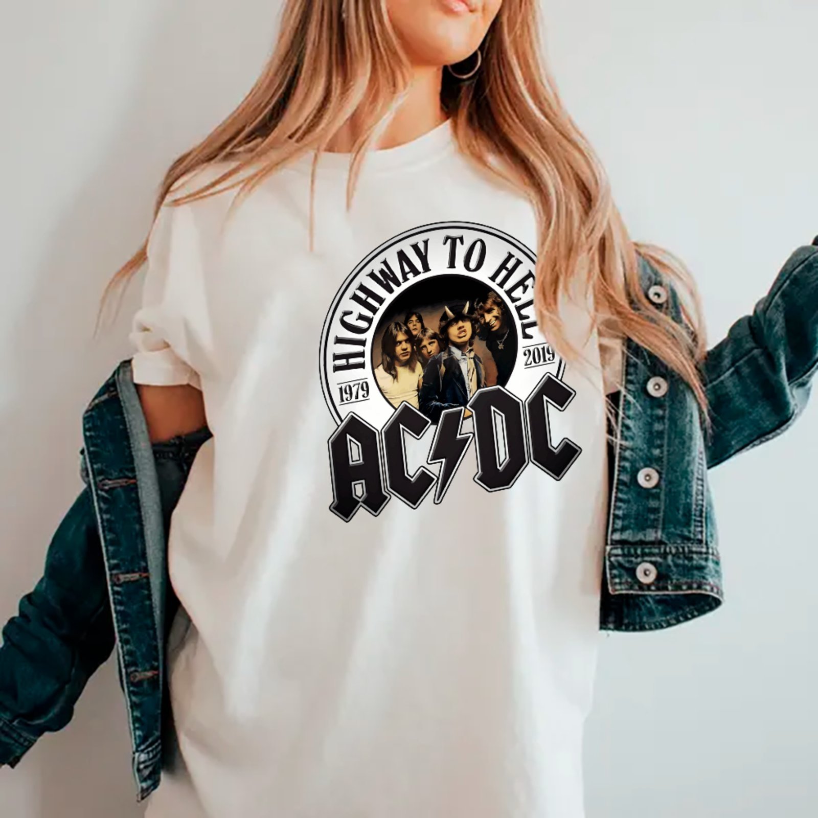 Vista 2 Camiseta Ousy Básica AC DC Highway To Hell Estilo Vintage Unissex branco ousy branco