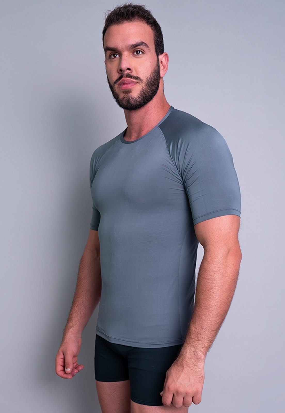Camisa Térmica Masculina MVB Modas Manga Curta Segunda Pele Proteção Uv Cinza