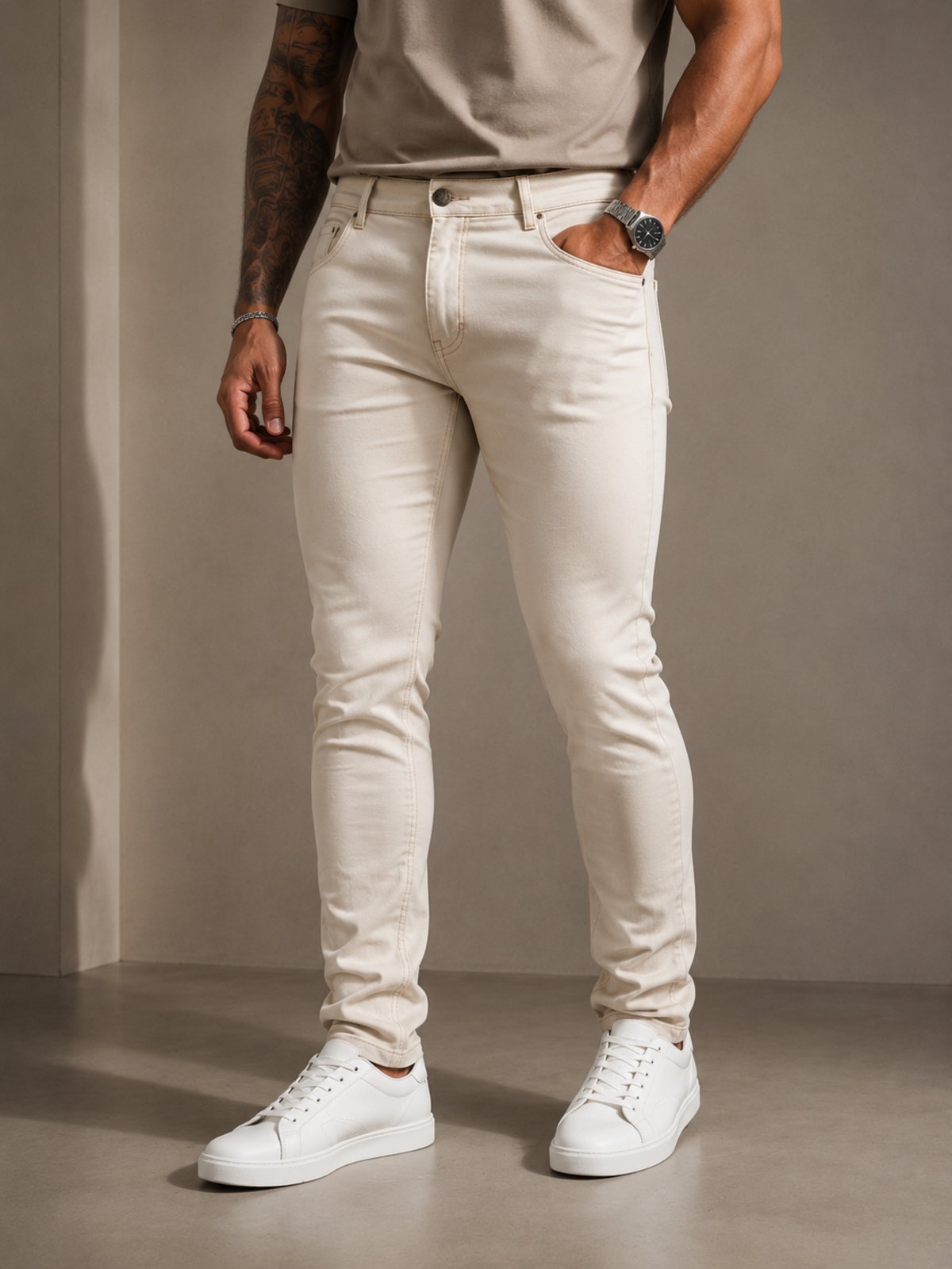 Calça Alfaiataria Masculina Bege Slim Fit Yellow Jeans Premium Cintura Média Confortável Elegante