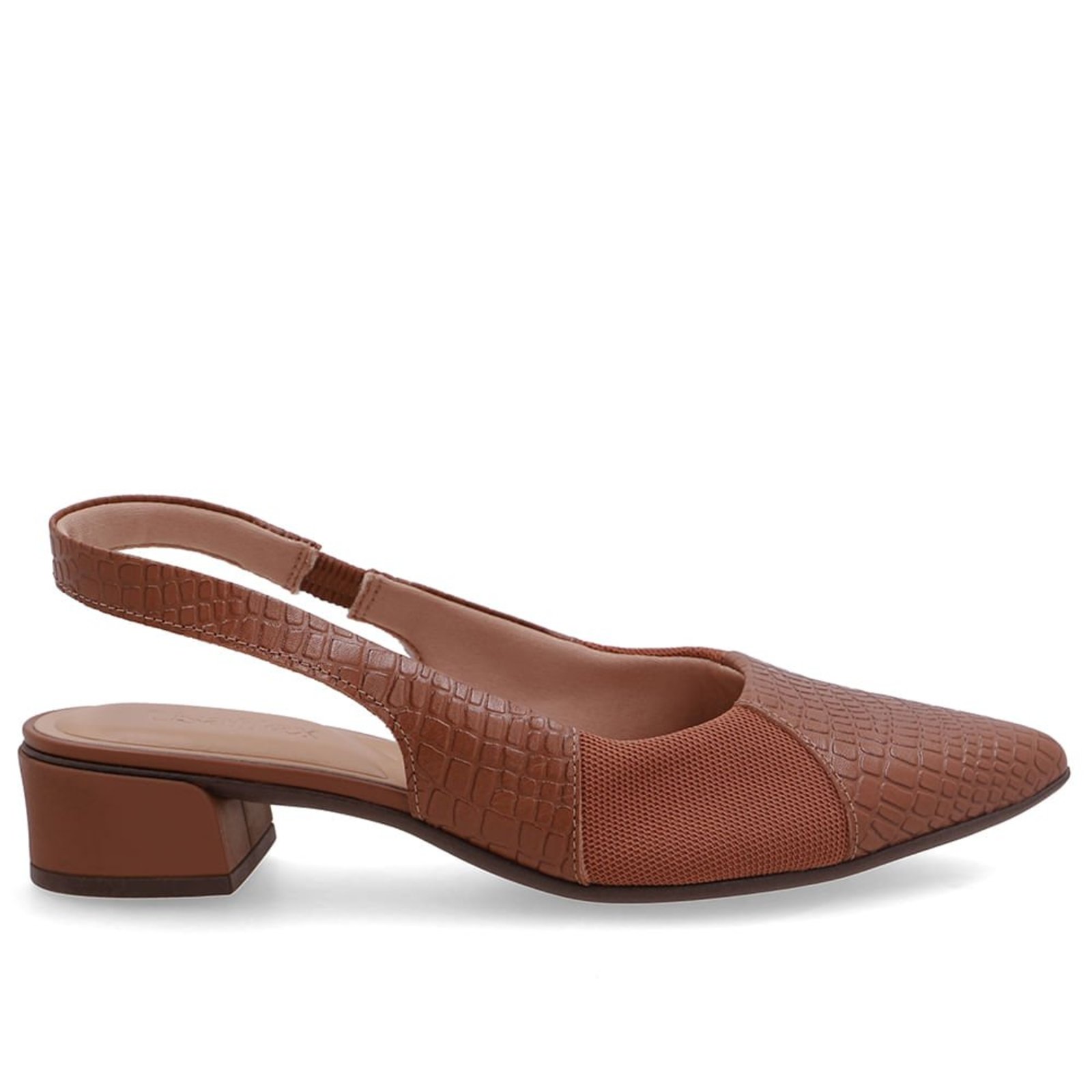 Slingback Em Couro Mini Croco Marrom Com Tecido