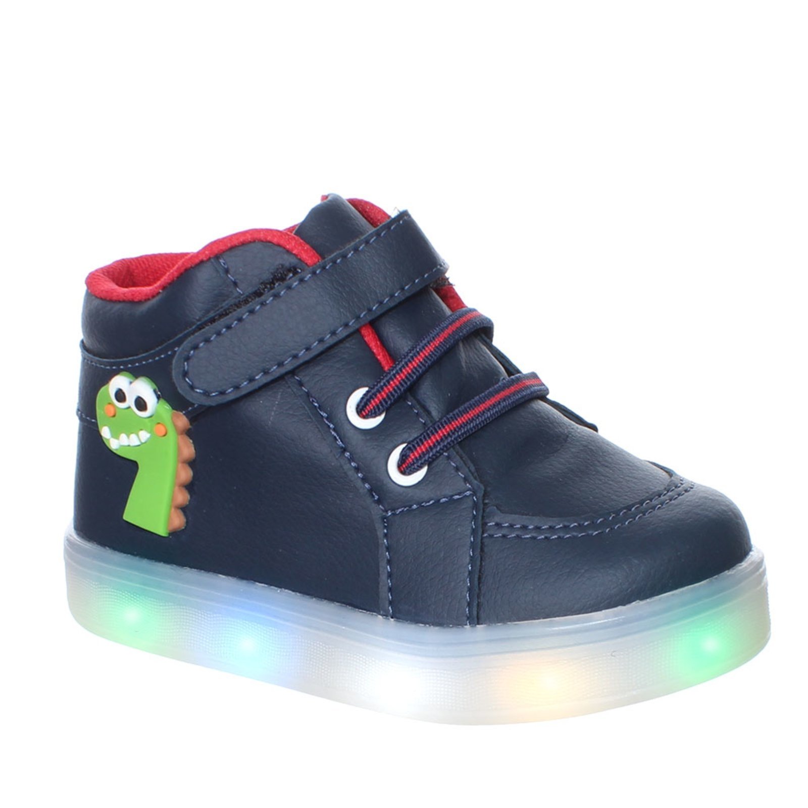 Infantil - Tenis de Botinha de Led Luz Masculino Dinossauro Azul Marinho