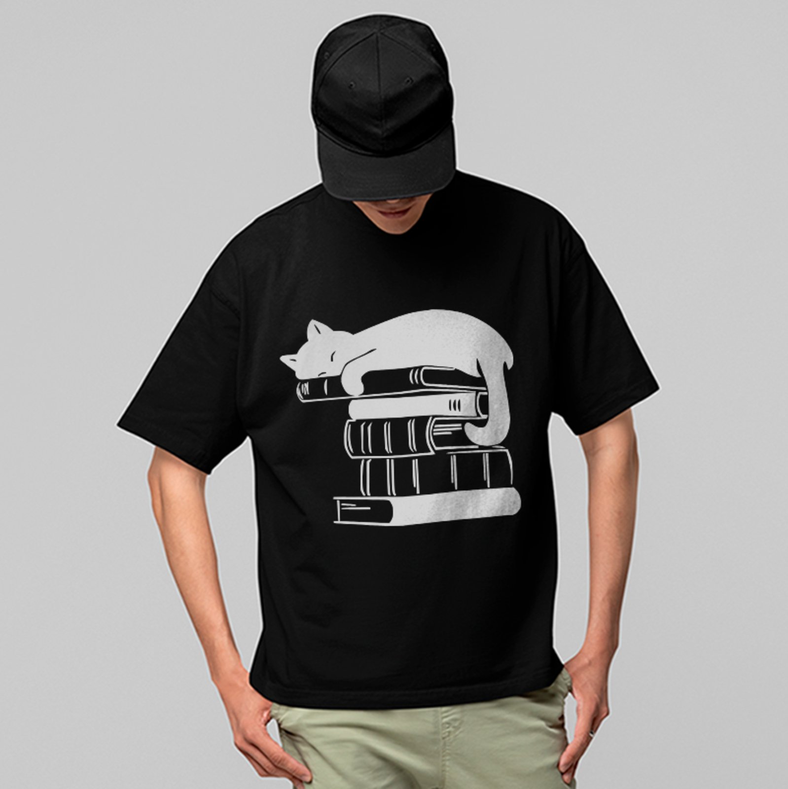 Camiseta Oversized Cat Lover Books Style Unissex Preto