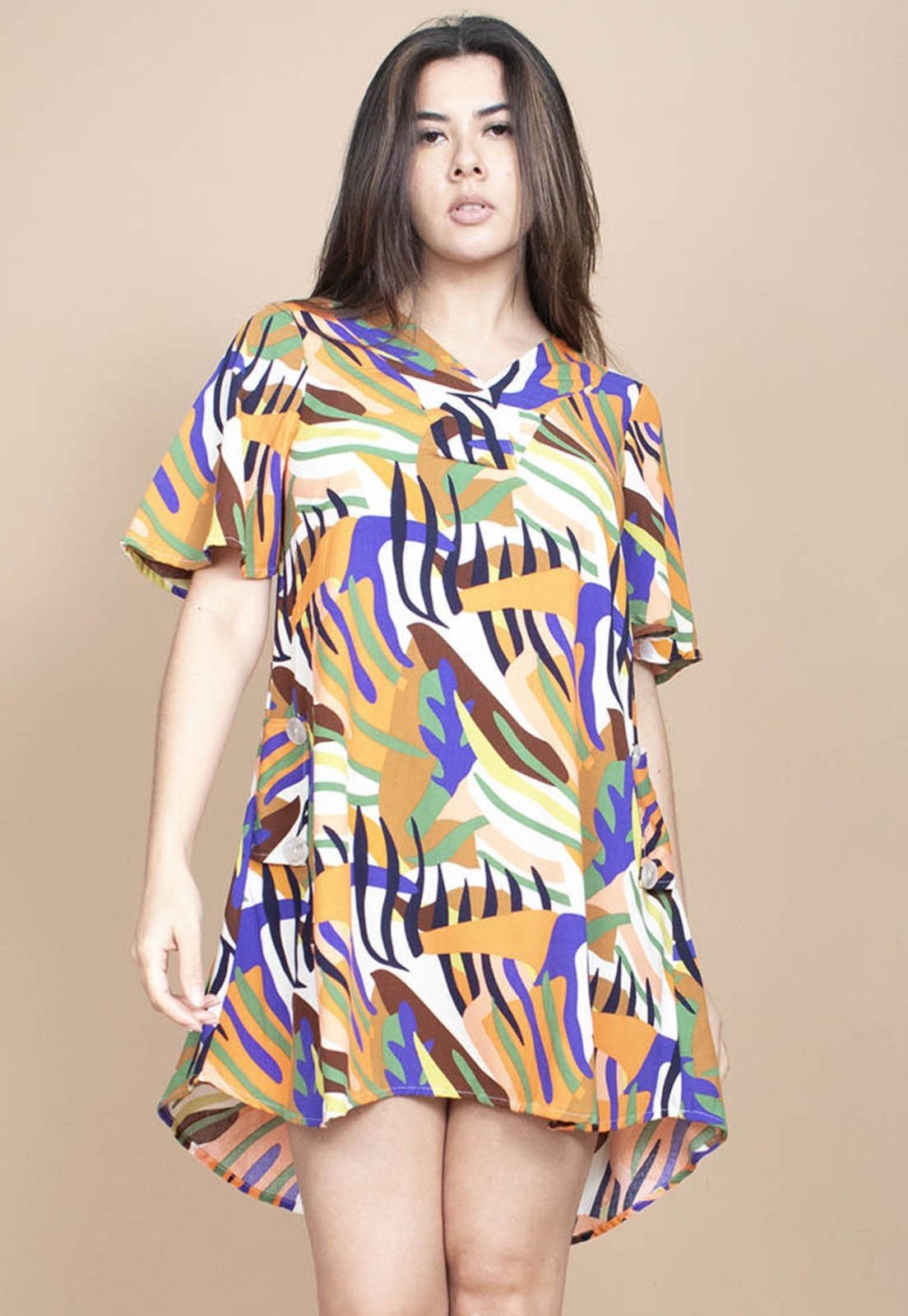 Vestido Cabanafree Curto Pataxô Viscose Mullet Decote V Estampa Cores Vibrante
