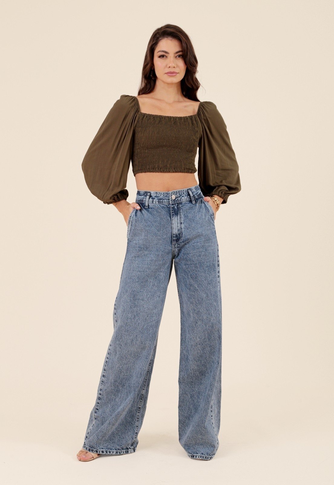 Calça Pop Me Wide Leg Jeans Bolso-Faca Azul Claro