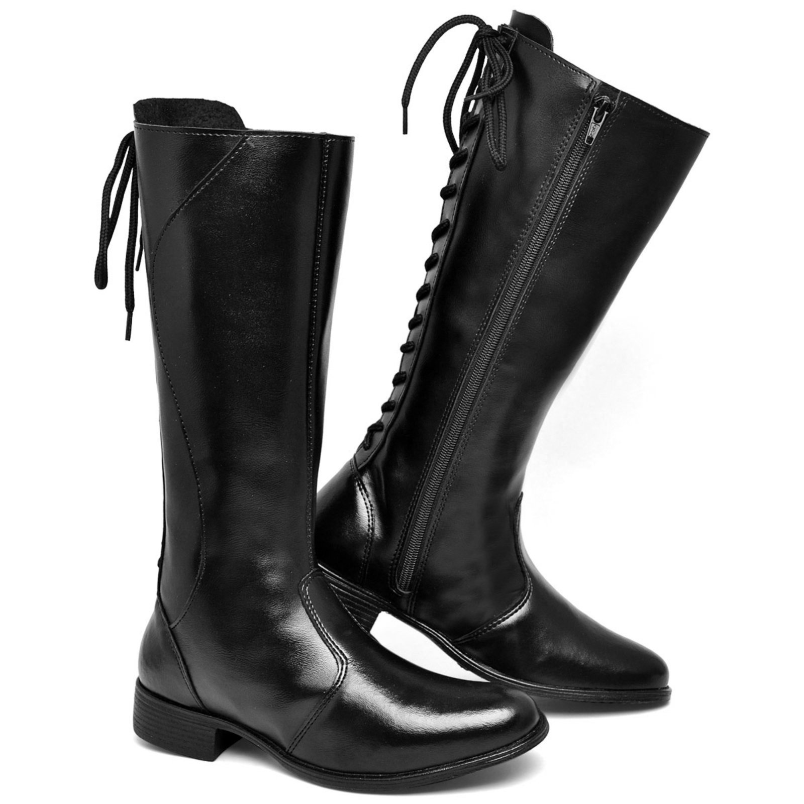 Bota Feminina Cano Longo Preta de Amarração e Zíper em Sintético Polo Blu do 33 ao 40