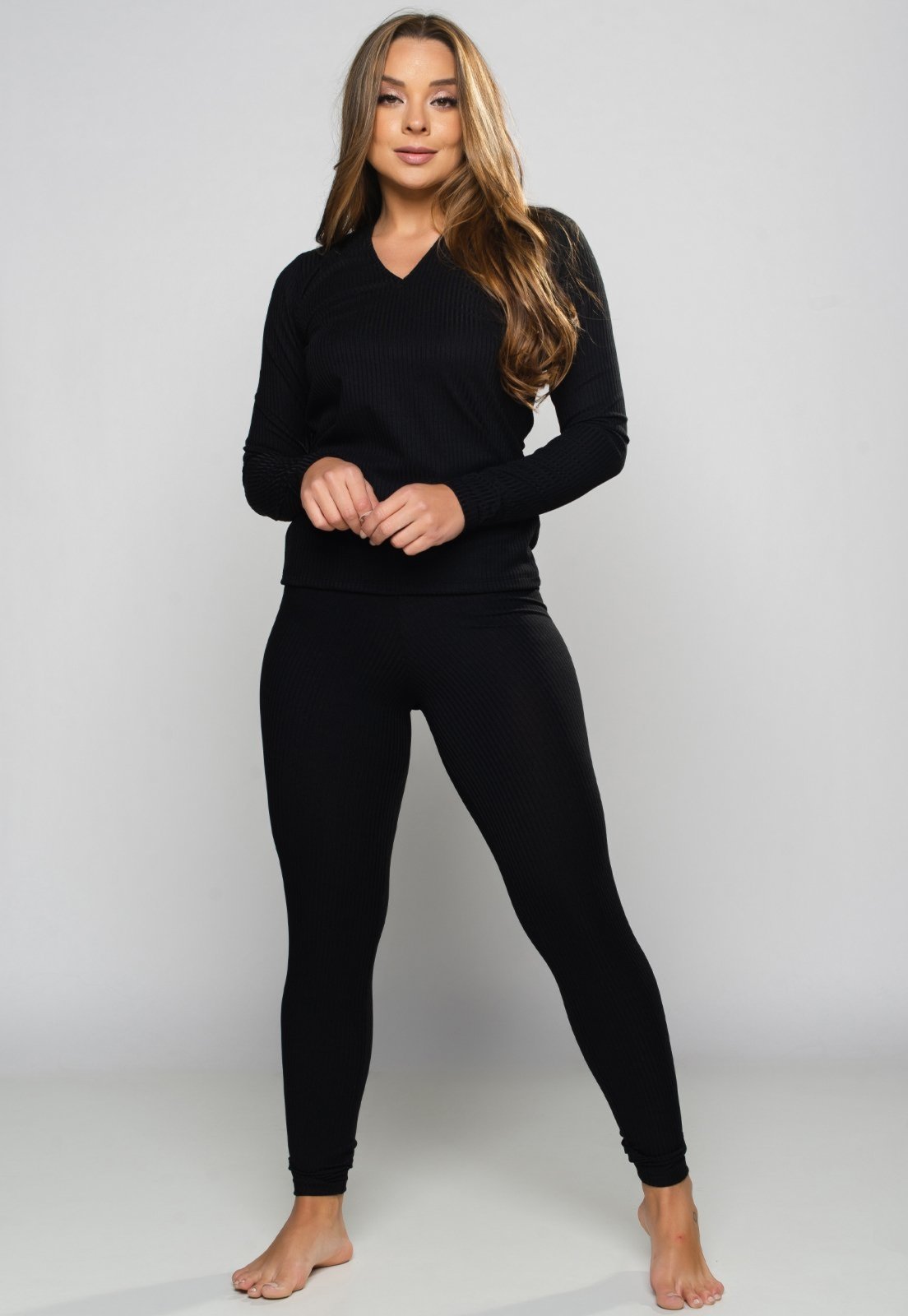 Pijama MVB Modas Conjunto Canelado Gola V Manga Longa e Calça Lisa Preto