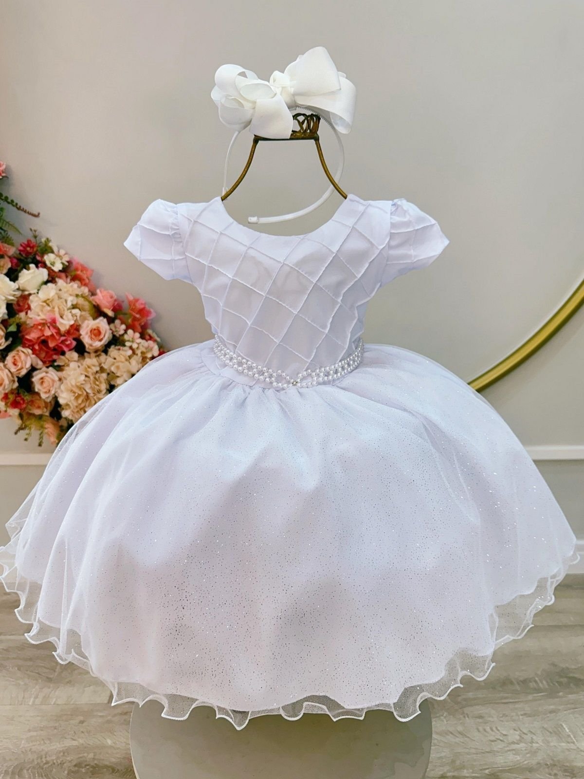 Infantil - Vestido Festa Branco Pérolas Batizado Formatura Casamento Dama Daminha Florista Princesa Social Rodado Aniversário Luxo Menina Juvenil
