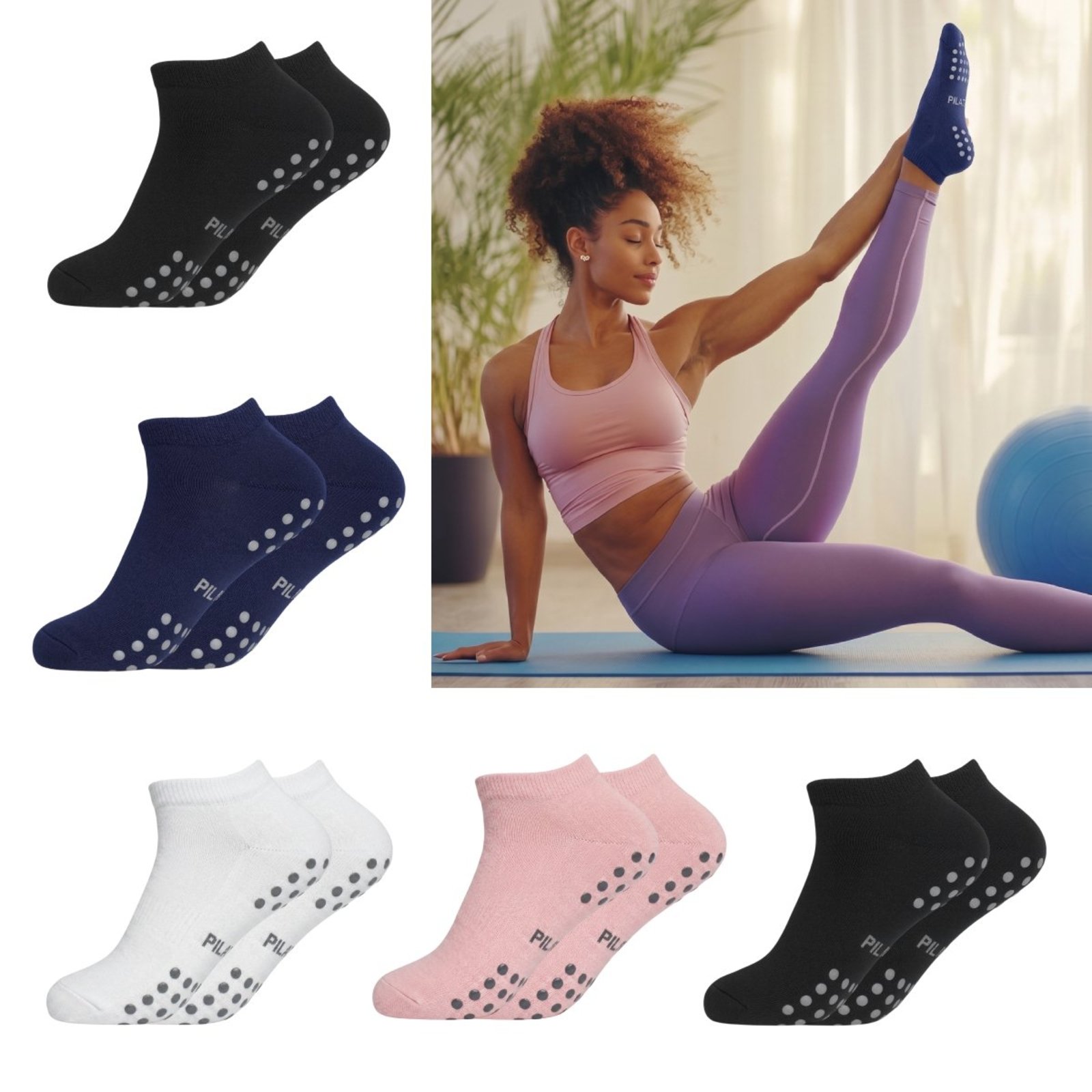 Kit 3 Pares Meias Antiderrapantes Algodão Cano Curto Pilates Yoga Hidroginástica Sortido