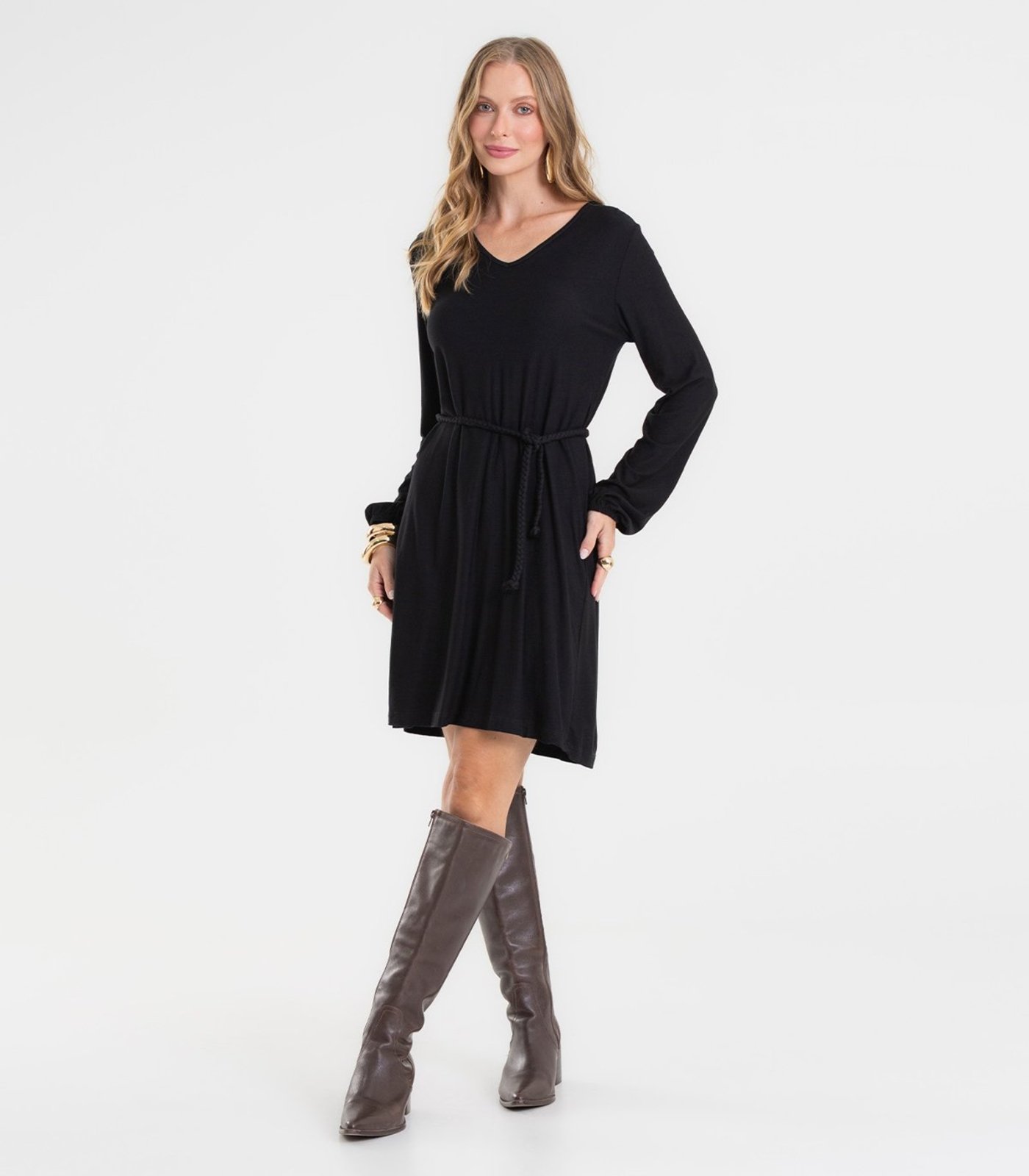 Vestido Feminino Manga Longa Com Cinto Rovitex Preto