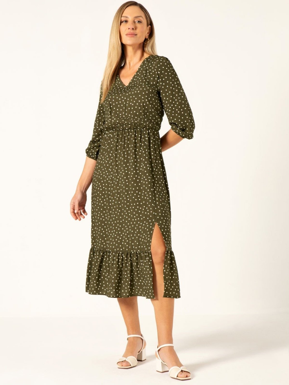 Vestido Principessa Longuete em Viscose Estampada Verde Militar Ieda