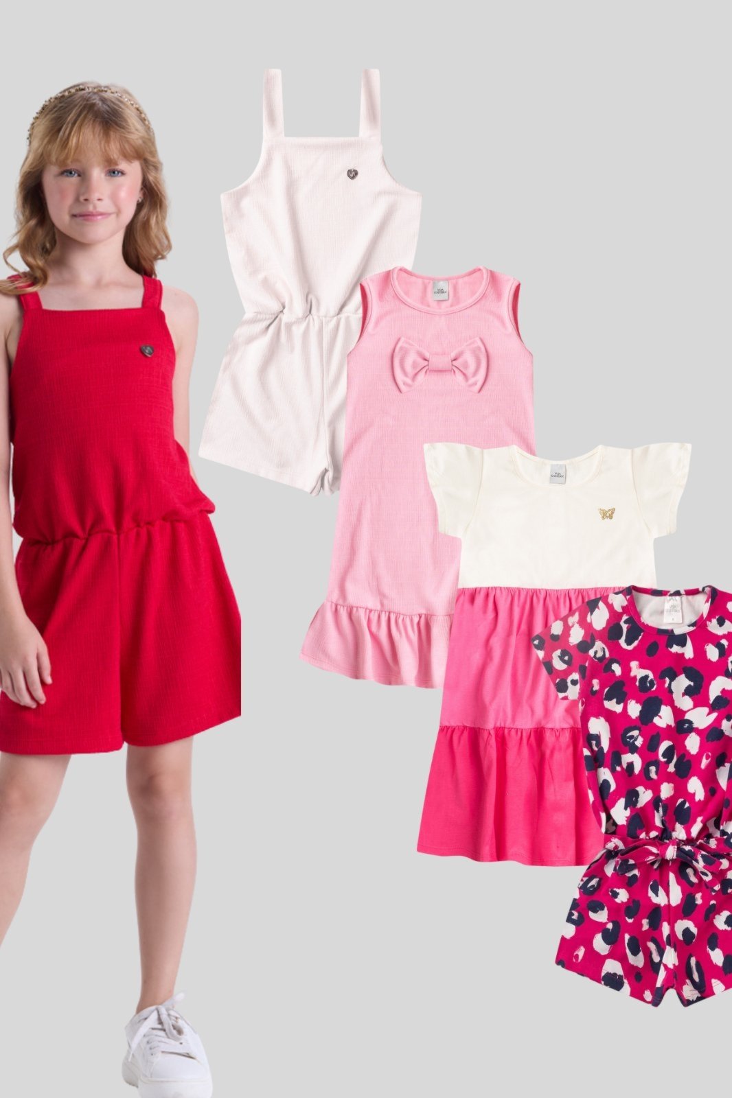 Vista 3 Infantil - Kit Sortido 3 Peças de Roupas Infantis Menina Verão- 3 Vestidos/Macaquinhos VIDA COSTEIRA multicolorido VIDA COSTEIRA multicolorido