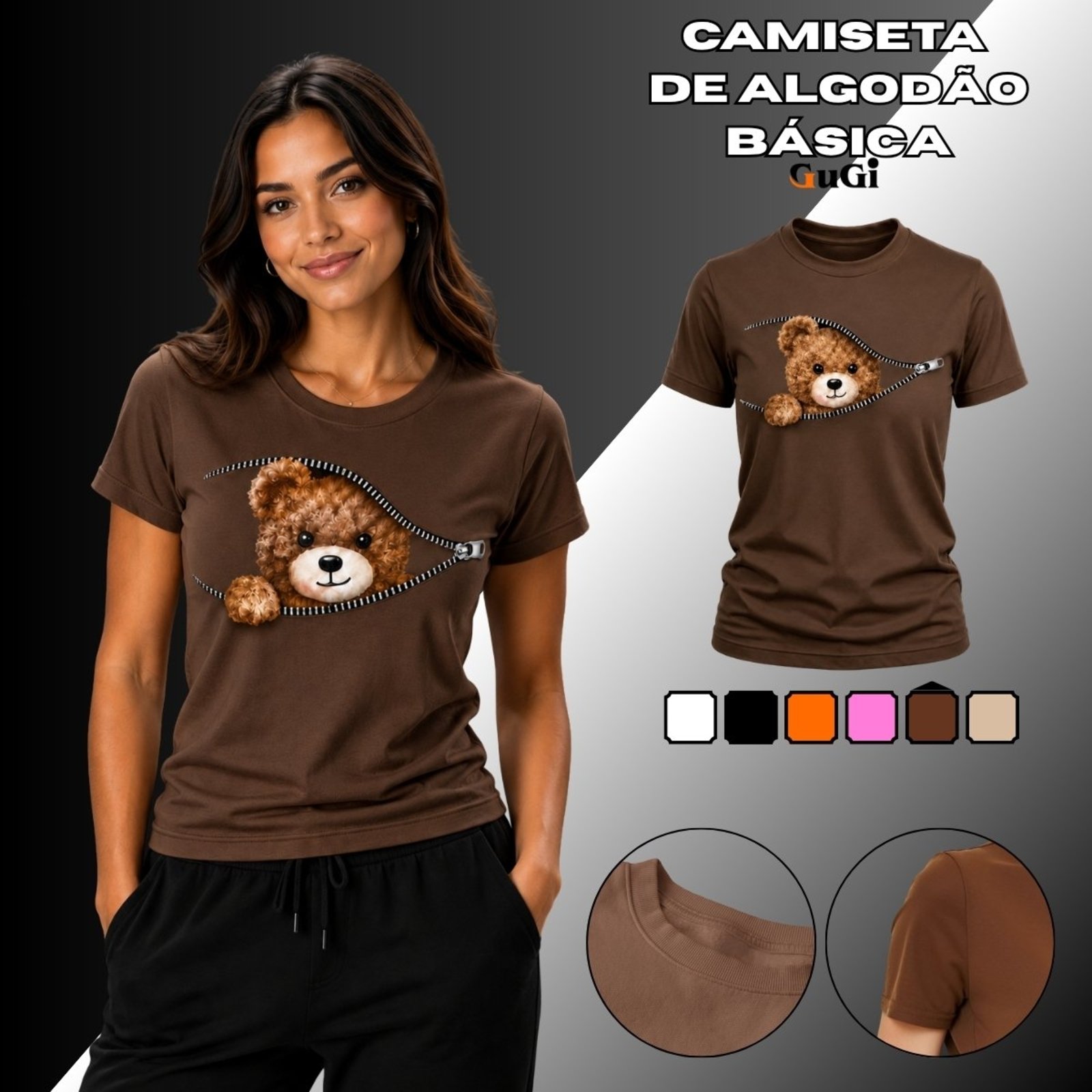 Camiseta Feminina Zíper Ursinho 100% Algodão Marrom