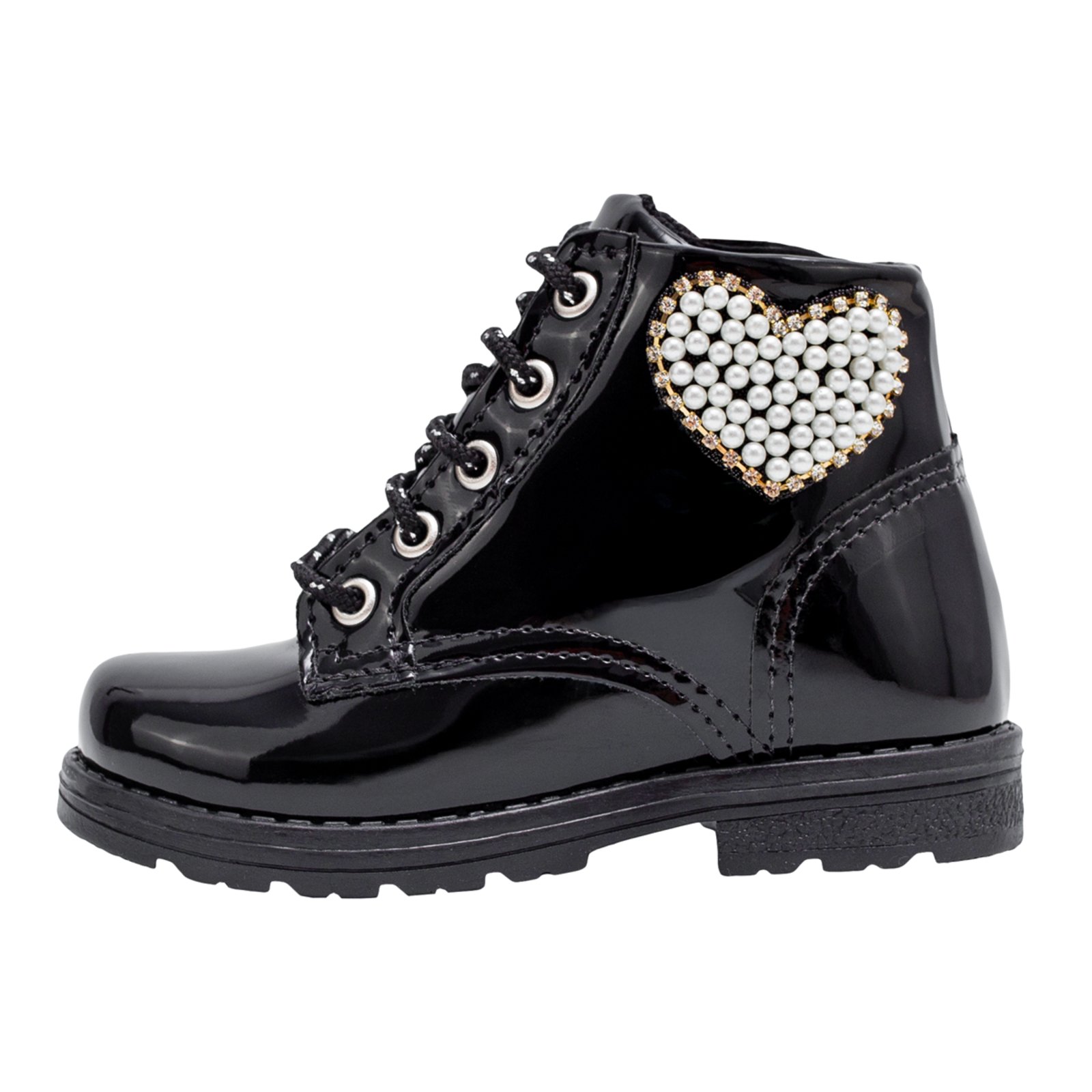 Infantil - Coturno Feminino Coração de Pérolas Menina Preto Lulopé