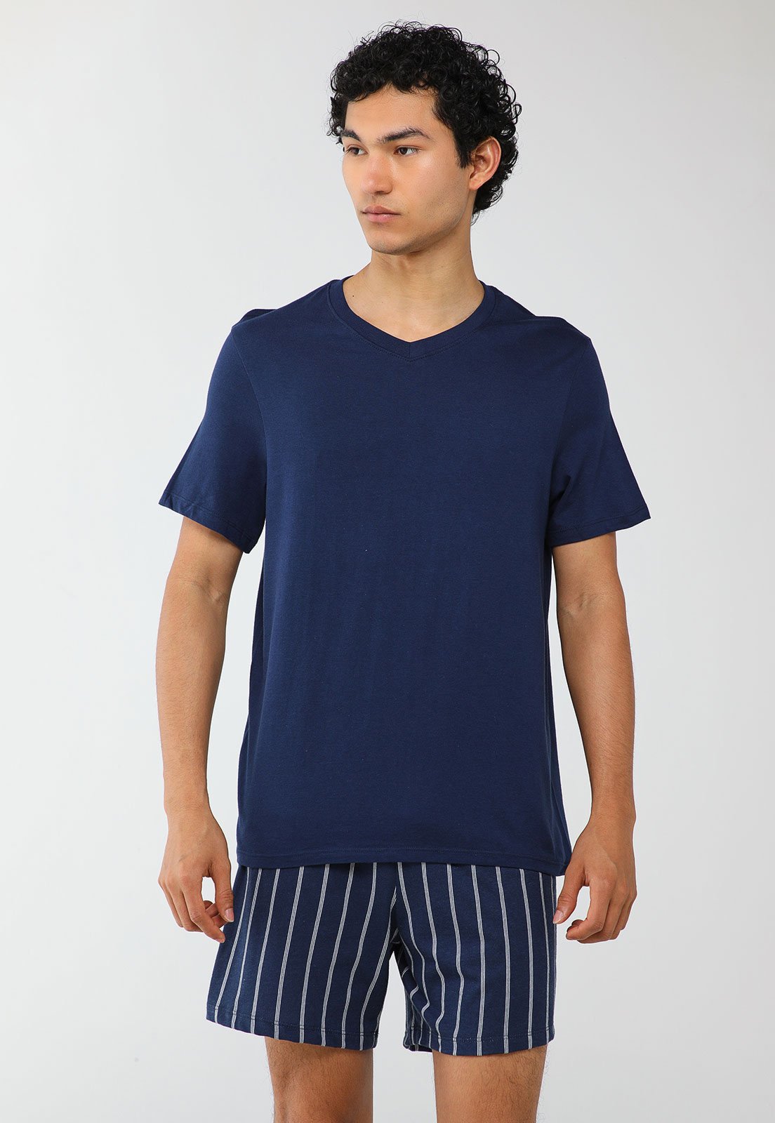 Conjunto Pijama Curto Masculino Hering Listrado Azul Marinho