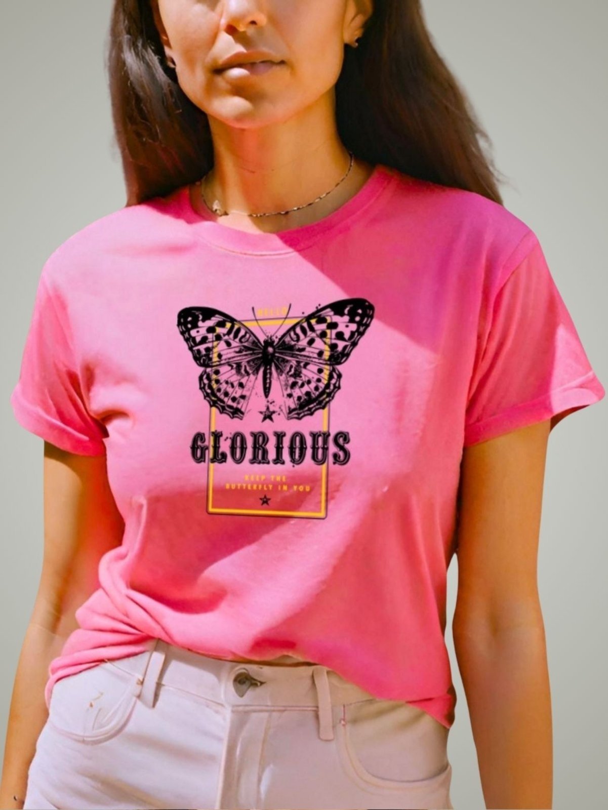 Camiseta Feminina T-shirt Plus Size GuGi Borboleta Estampada Camisa Blusa Rosa