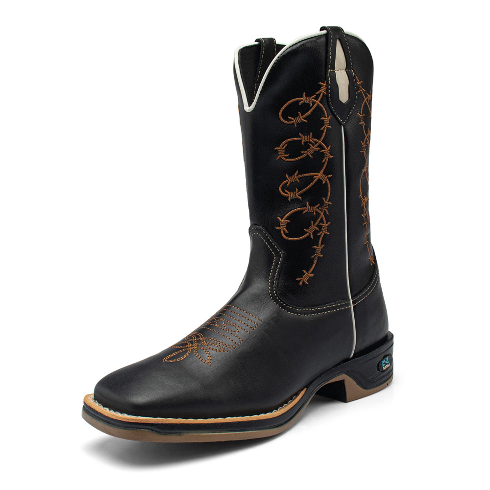 Bota Texana Masculina RR Botas Country Em Couro Com Bordado Arame Bico Quadrado Cano Alto Preto