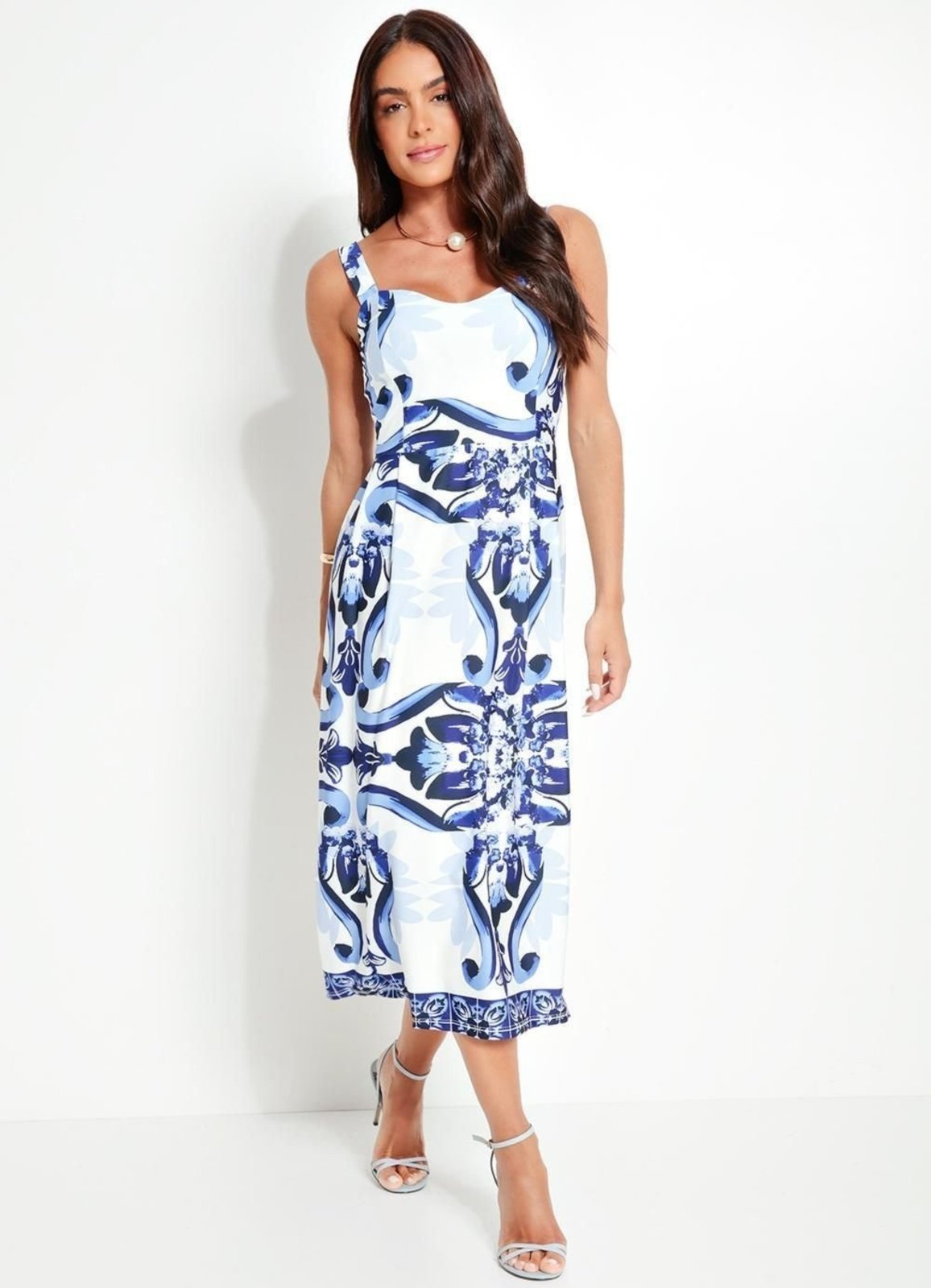 Vestido Feminino Azulejo Em Malha Fria Quintess Azul