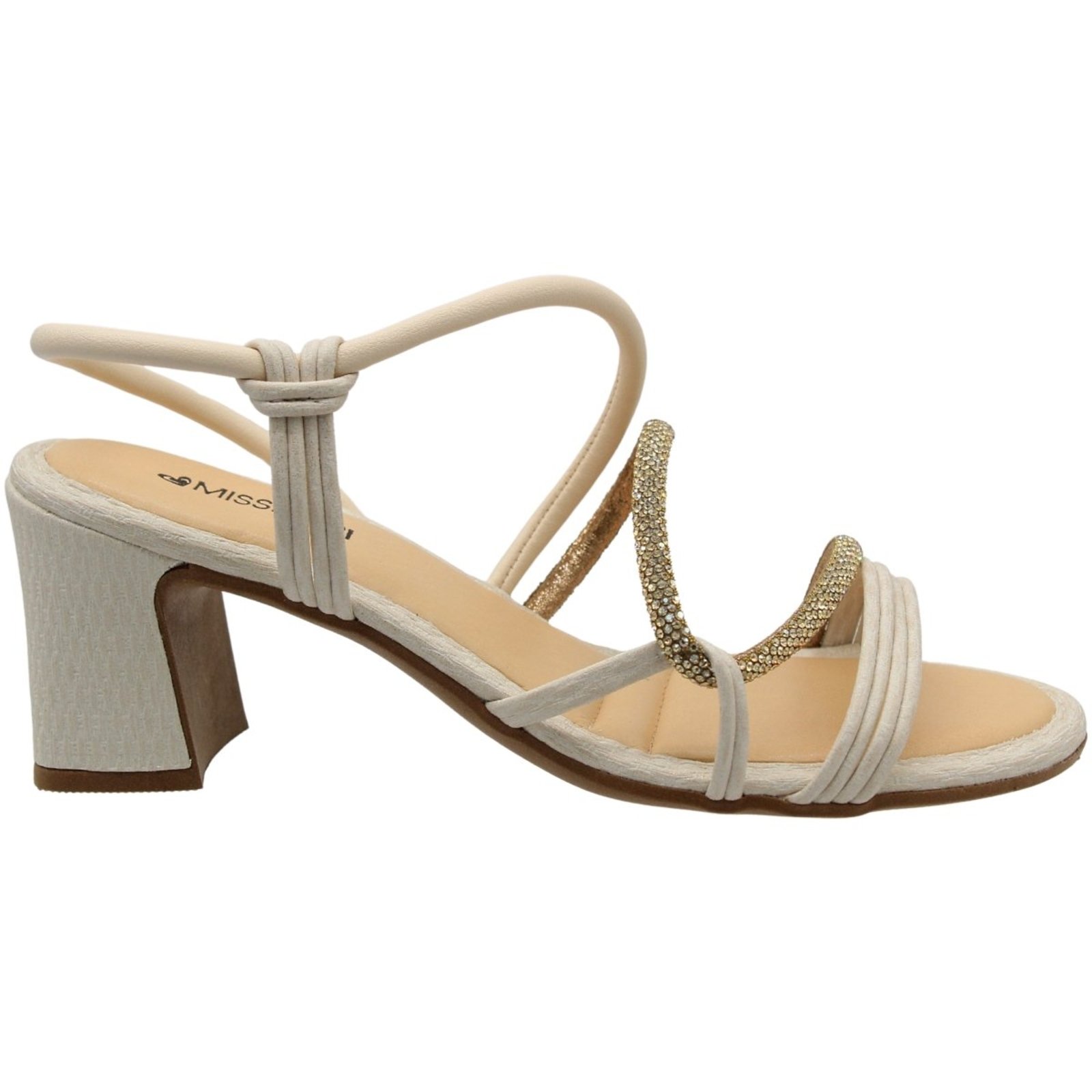 Sandália Mississipi Salto Bloco Tiras Strass Linz Latte Feminino