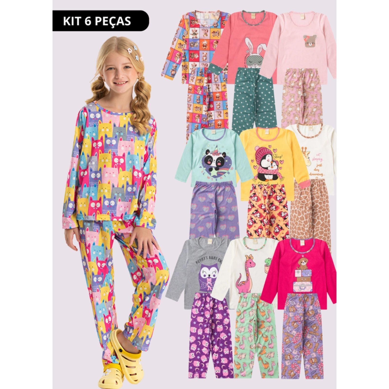 Kit Sortido Molekada 6 Peças de Pijamas Longo Infantis Menina Inverno Multicolorido- 3 Blusas + 3 Calças