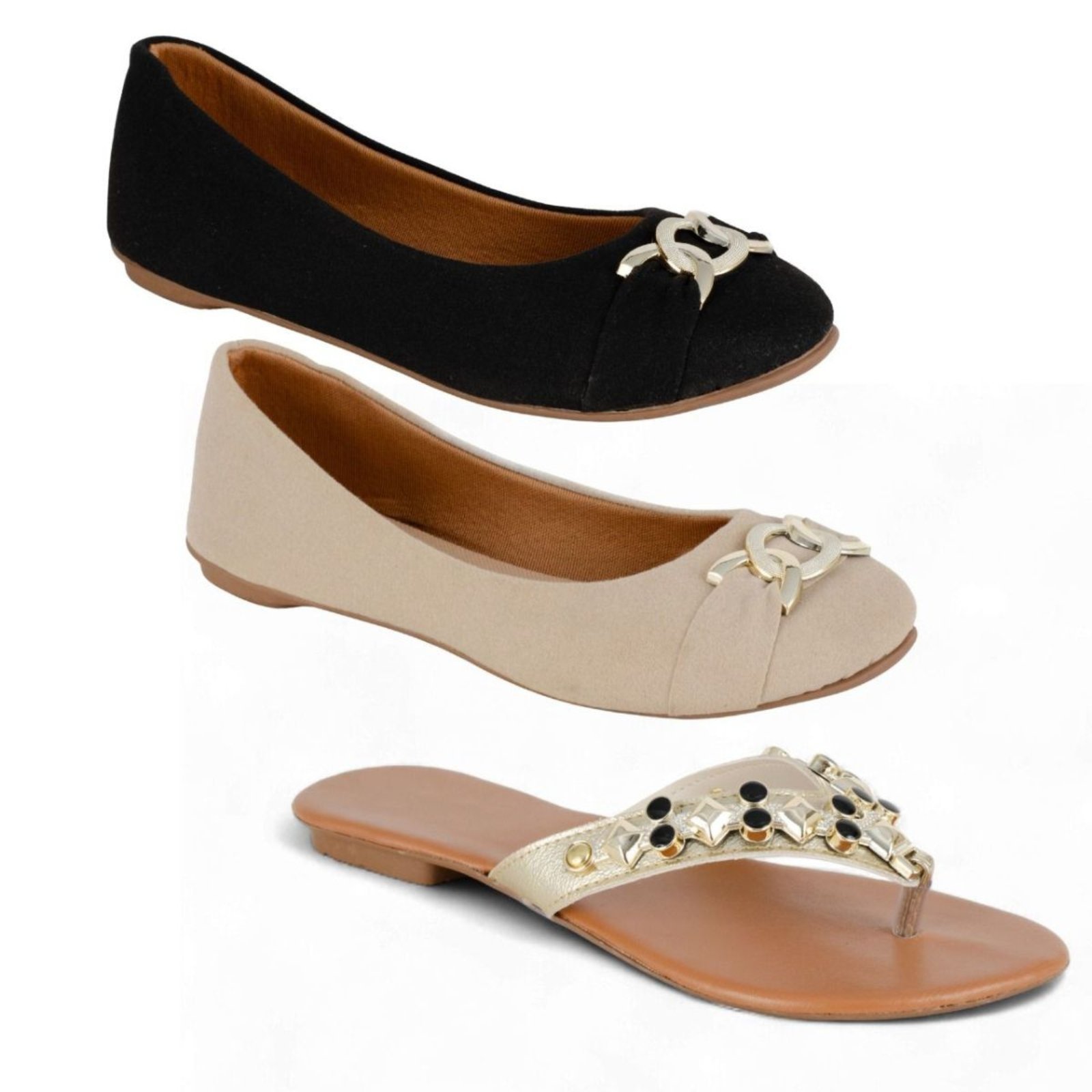 Kit 2 Pares De Sapatilha Bico Redondo Feminina e 1 Par De Rasteirinha Mr Try Shoes Rasteira Preto Bege