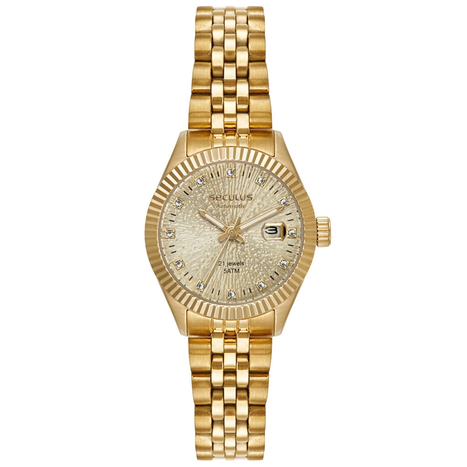 Relógio Feminino Seculus Automático Dourado Fundo Transparente Seculus