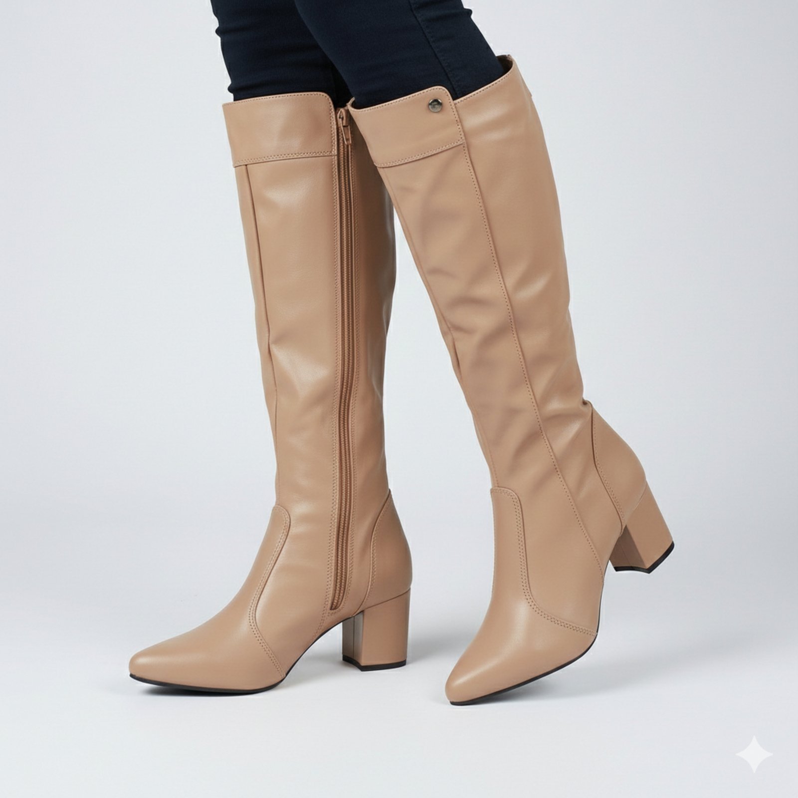 Bota Feminina Montaria Lirom Cano Alto Salto Grosso Bico Fino Nude