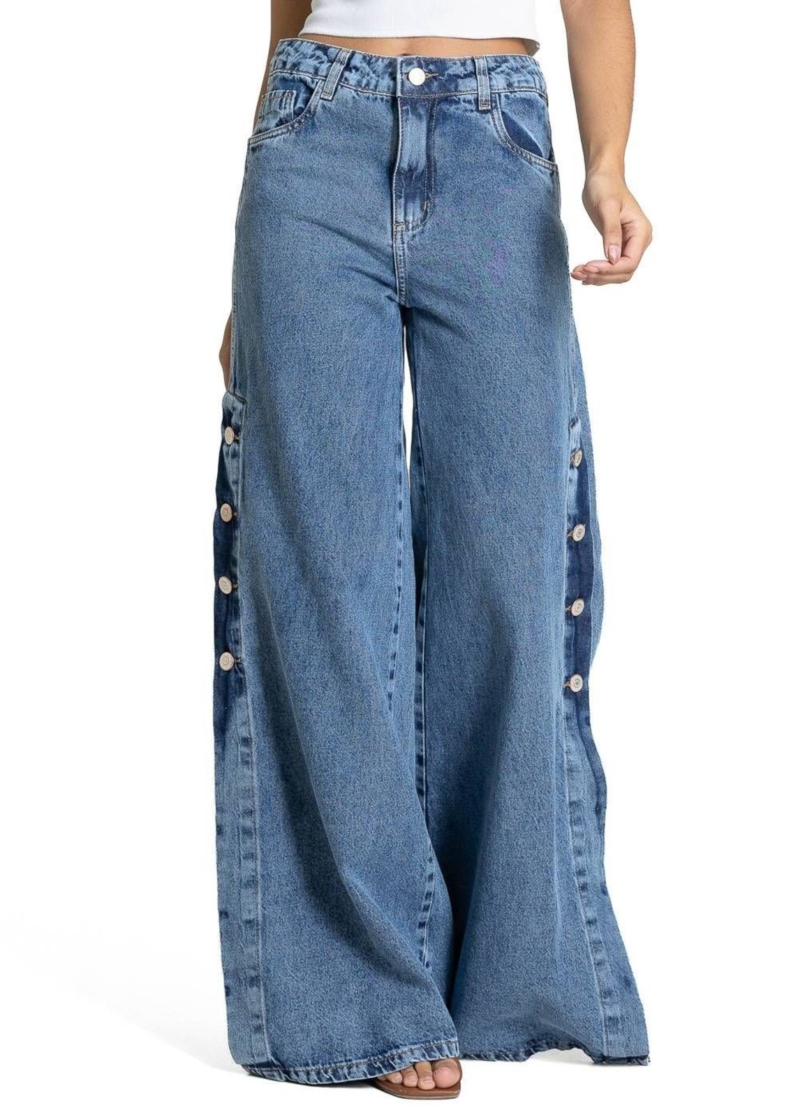 Calça Jeans Sawary Super Wide Leg Botões Laterais - 283026 - Azul - Sawary