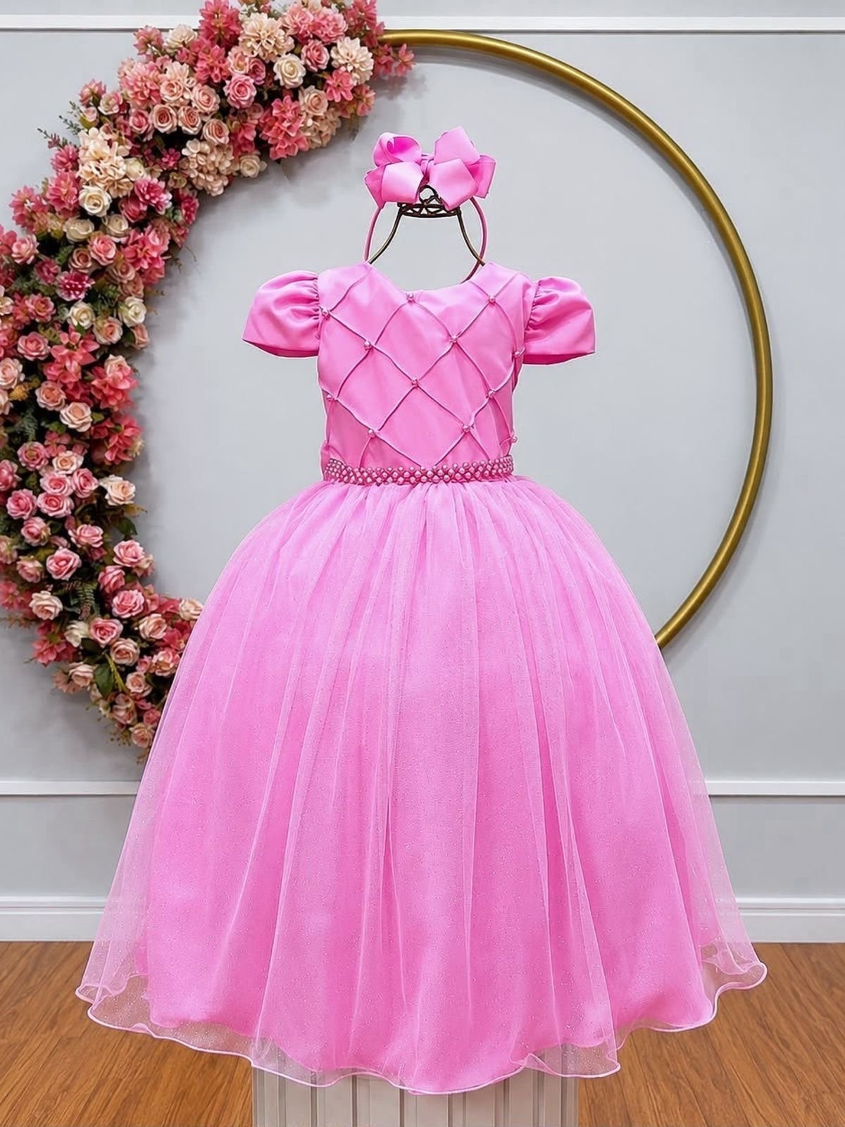 Infantil - Vestido Longo Festa Rosa Chiclete Pérolas Formatura Casamento Princesa Social Rodado Florista Dama Daminha Aniversário Luxo Menina Juvenil