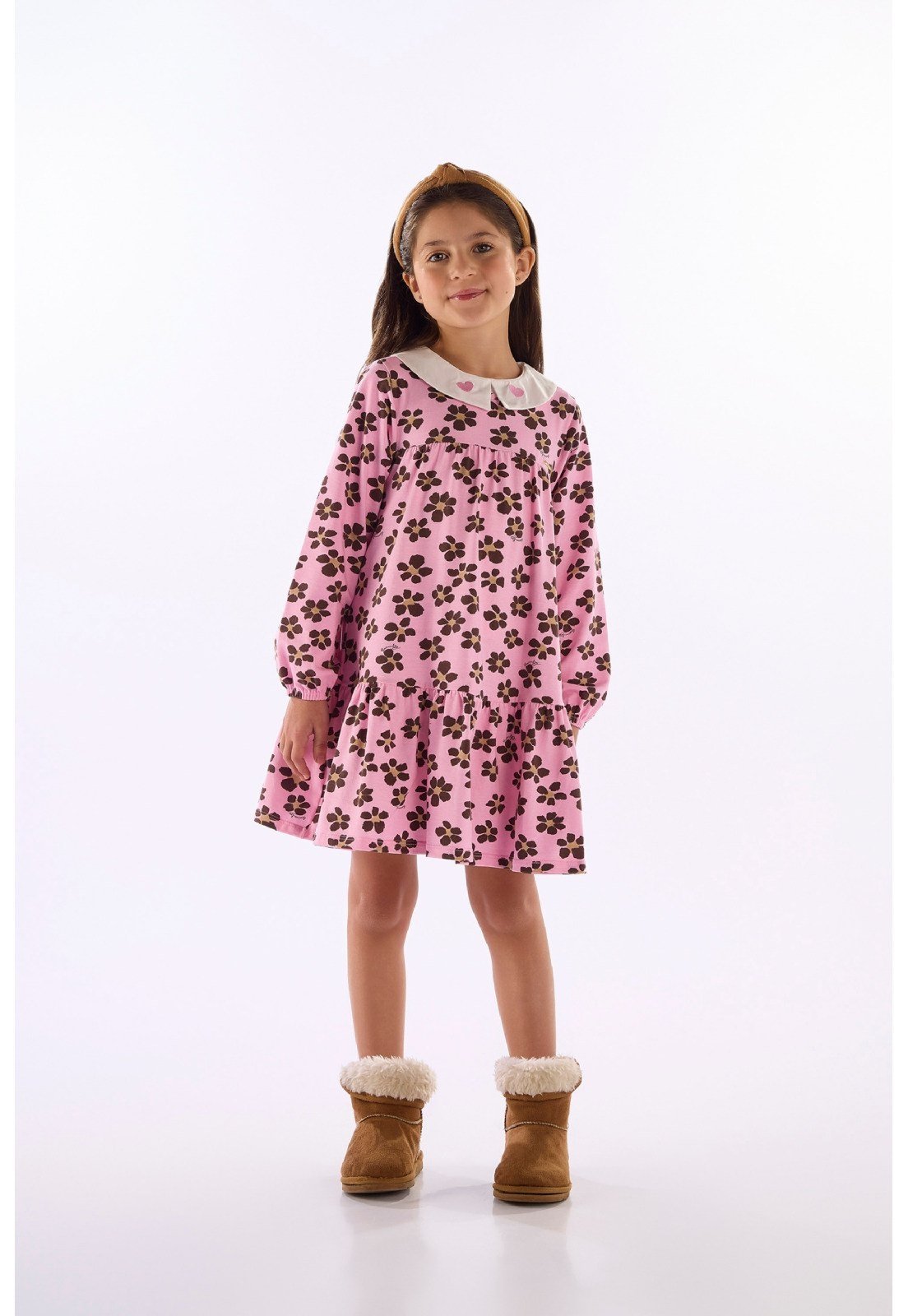 Infantil - Vestido Manga Longa Cotton Floral Quimby Bege