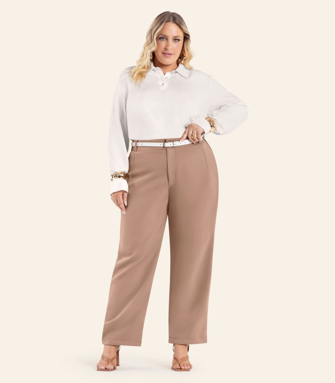 Camisa Feminina Manga Longa Viscose Secret Glam Bege