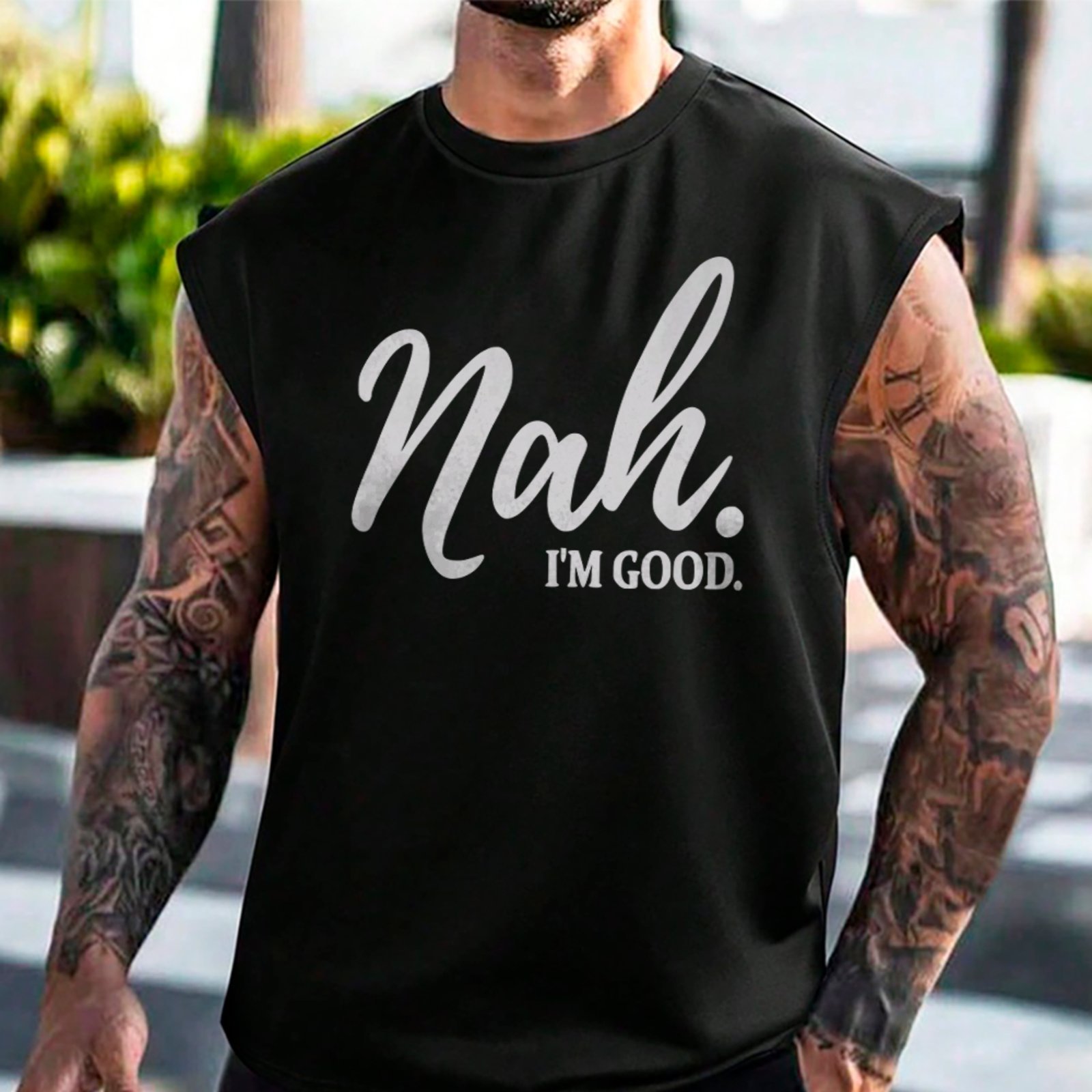 Camiseta Regata Machão Nah Im Good Lettering Estilo Streetwear Preto